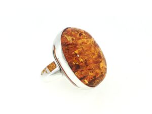 Oval Amber Cabochon Solitaire Ring in Silver