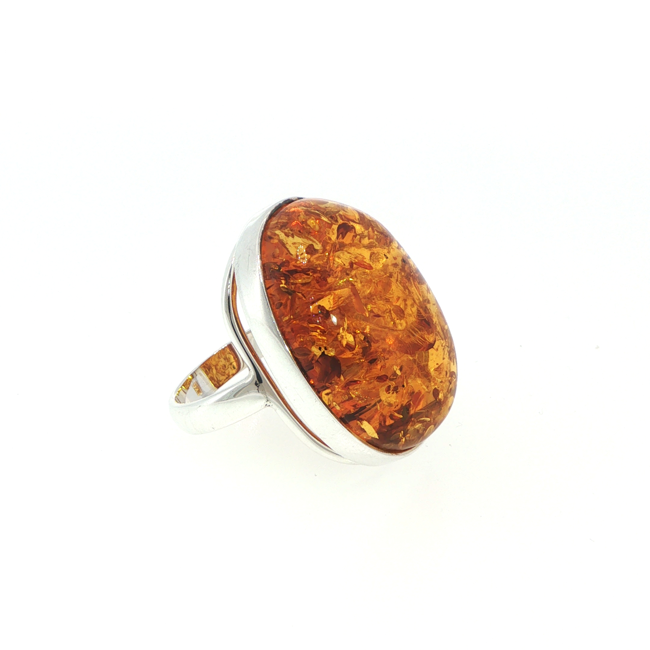 Oval Amber Cabochon Solitaire Ring in Silver