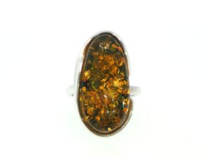 Large Oval Amber Cabochon Solitaire Ring in Silver
