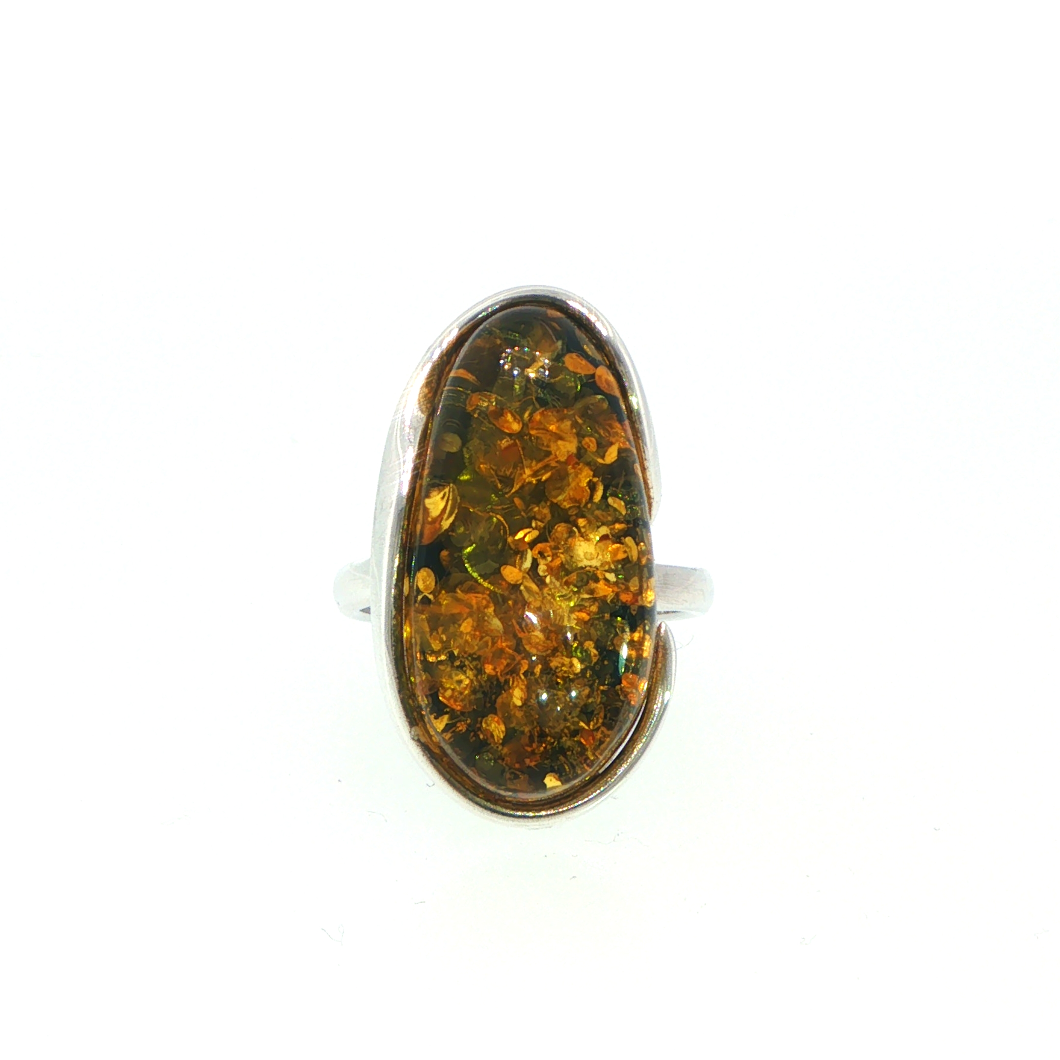 Large Oval Amber Cabochon Solitaire Ring in Silver