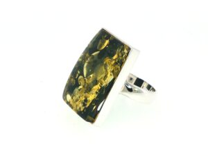Rectangular Green Amber Ring in Silver