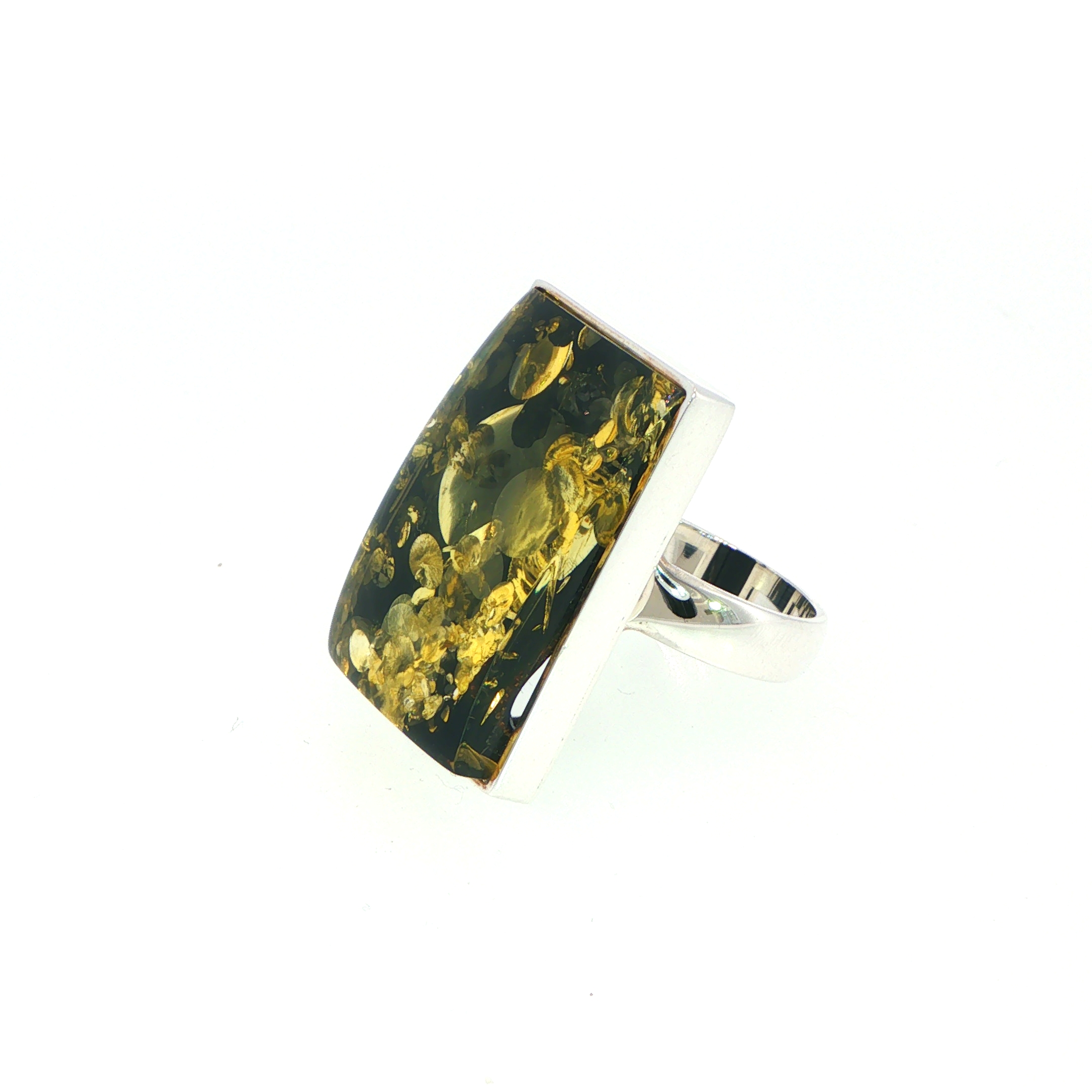 Rectangular Green Amber Ring in Silver