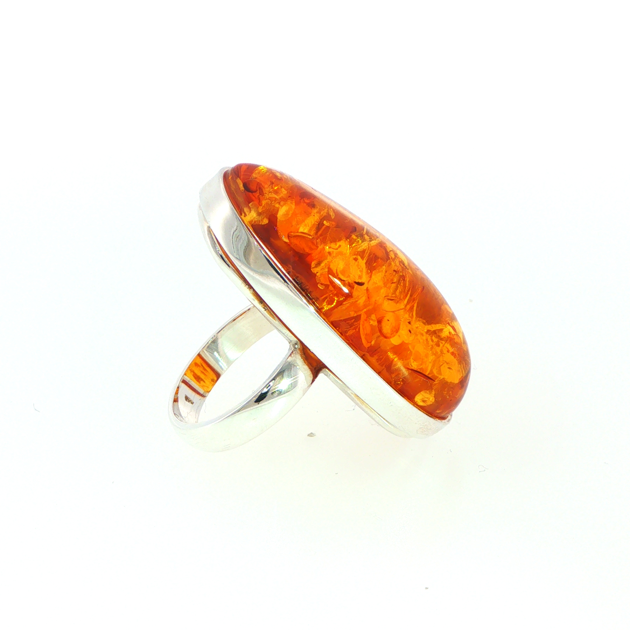 Elongated Oval Amber Cabochon Solitaire Ring in Silver - Image 2