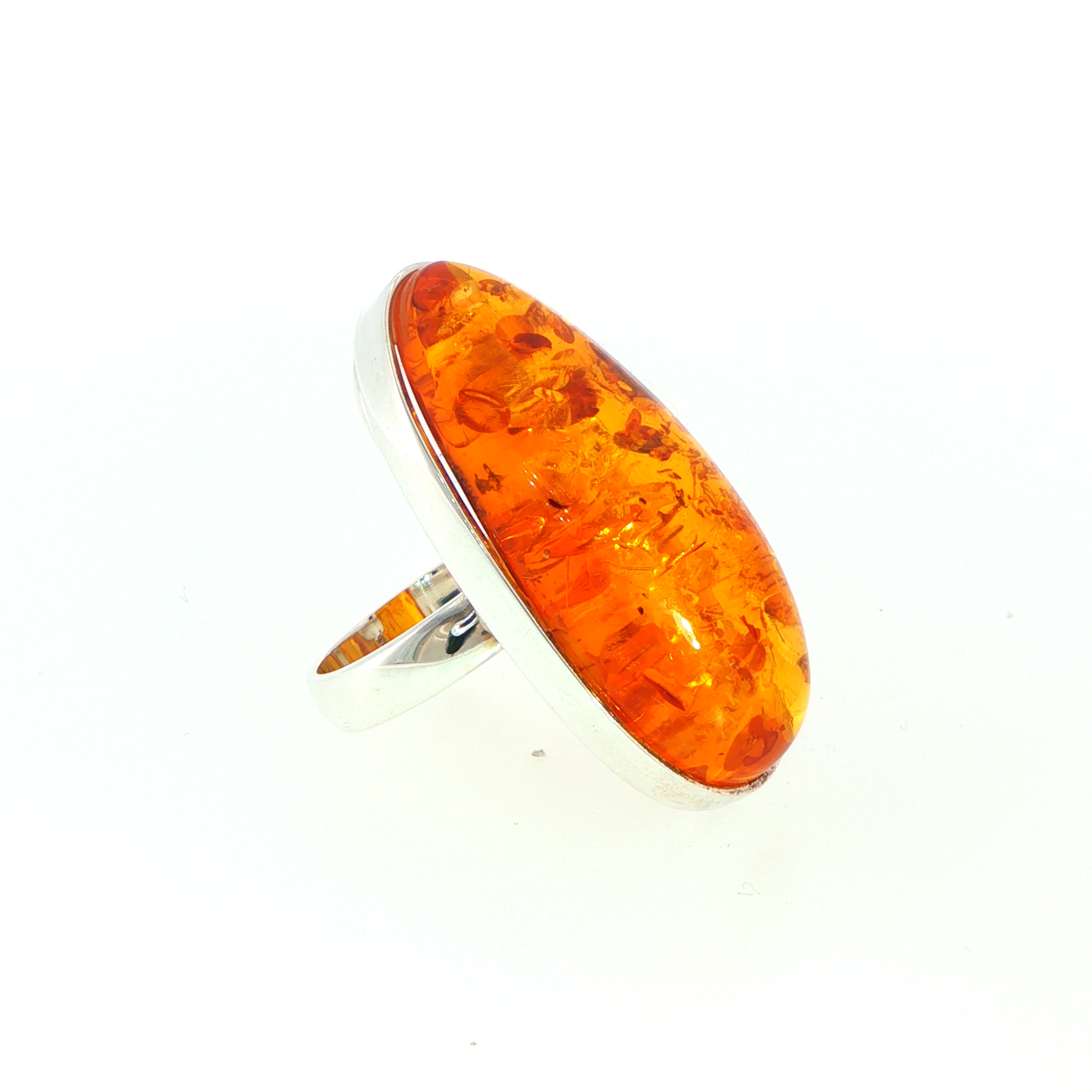 Elongated Oval Amber Cabochon Solitaire Ring in Silver - Image 3