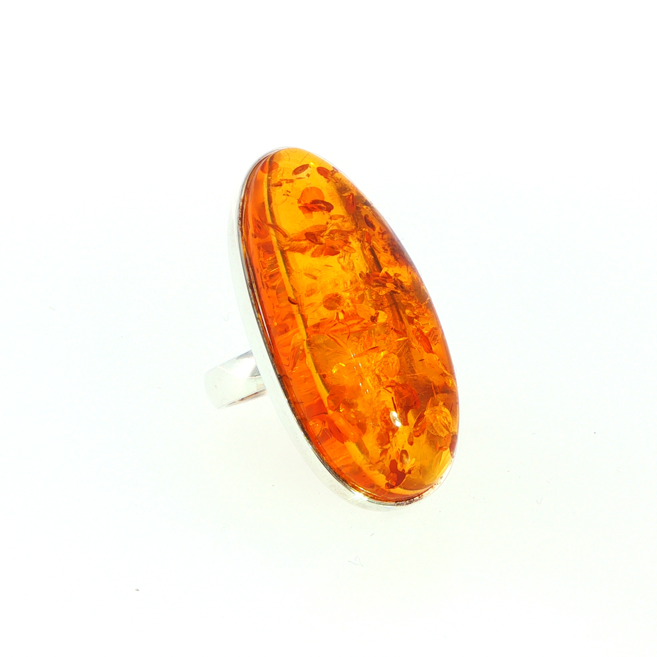 Elongated Oval Amber Cabochon Solitaire Ring in Silver - Image 4
