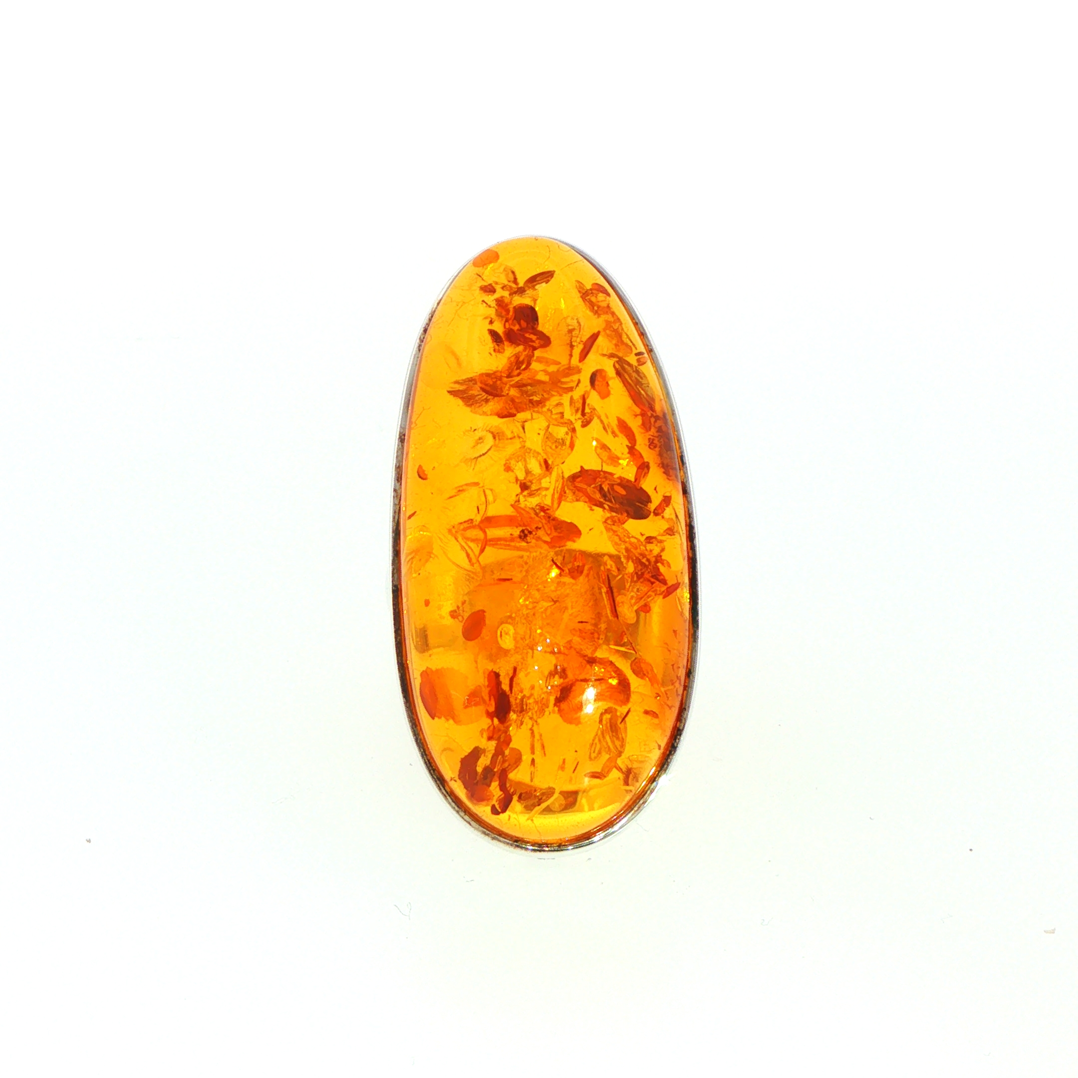 Elongated Oval Amber Cabochon Solitaire Ring in Silver