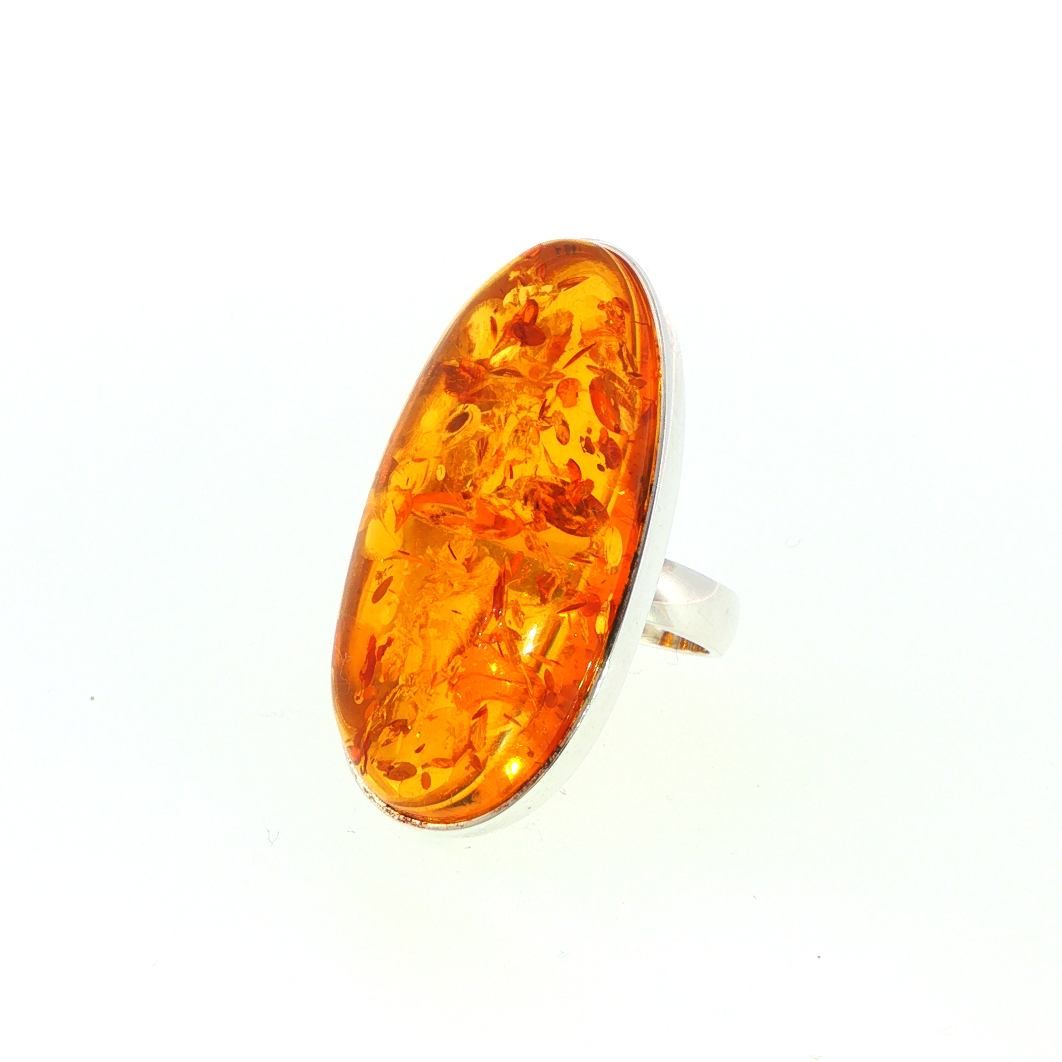 Elongated Oval Amber Cabochon Solitaire Ring in Silver - Image 5