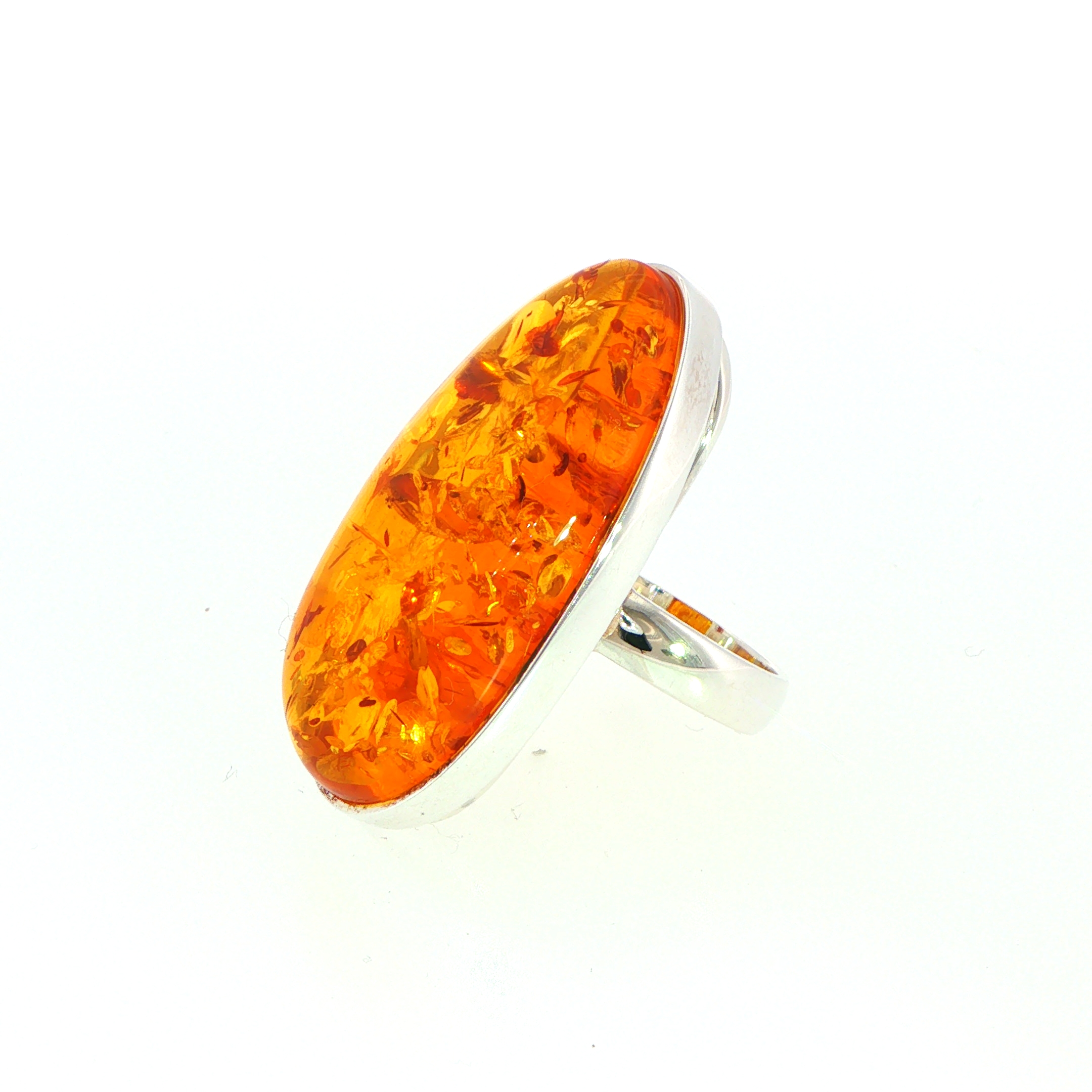 Elongated Oval Amber Cabochon Solitaire Ring in Silver - Image 6