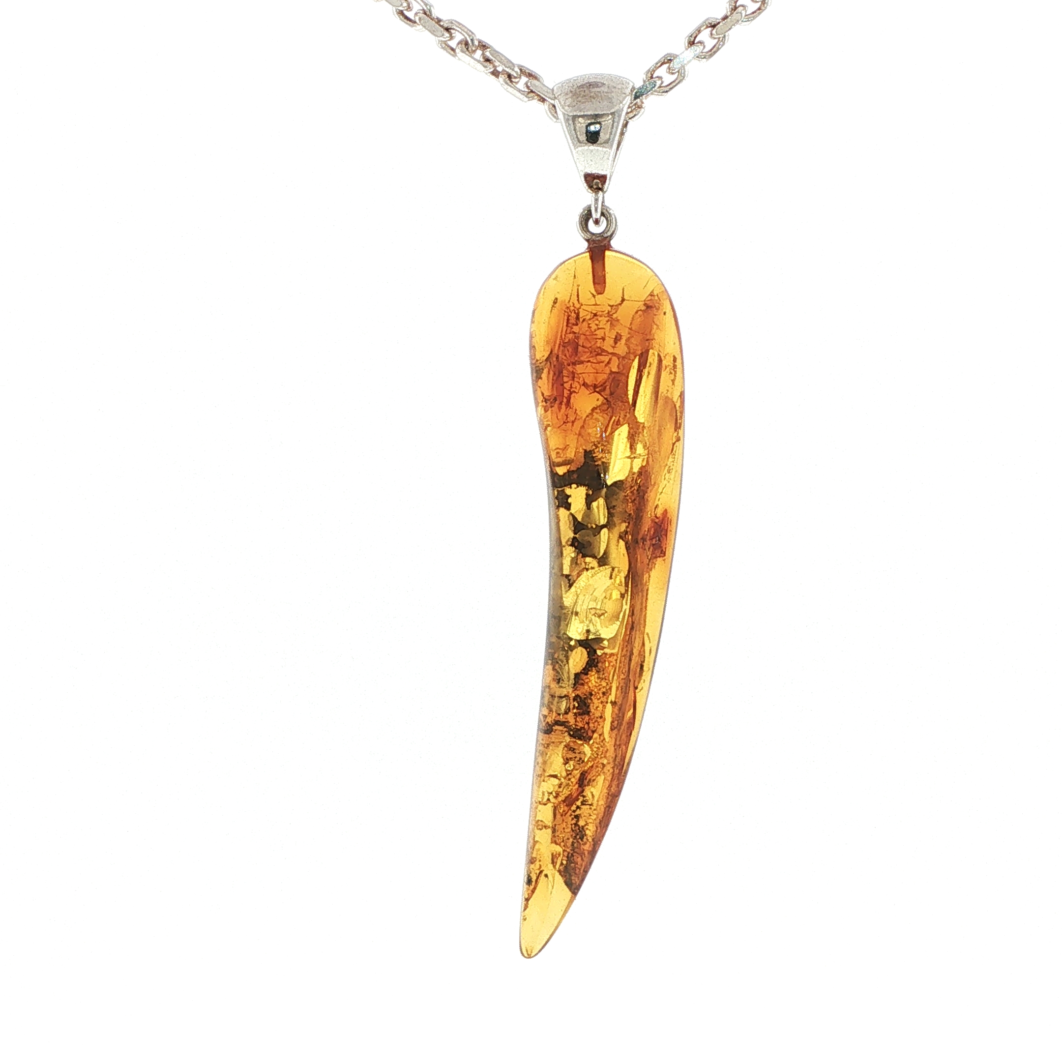 Natural Amber Tusk Pendant Necklace in Silver