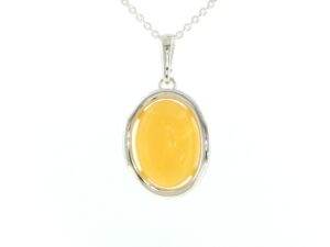 Oval Yellow Amber Bezel-Set Pendant Necklace in Silver