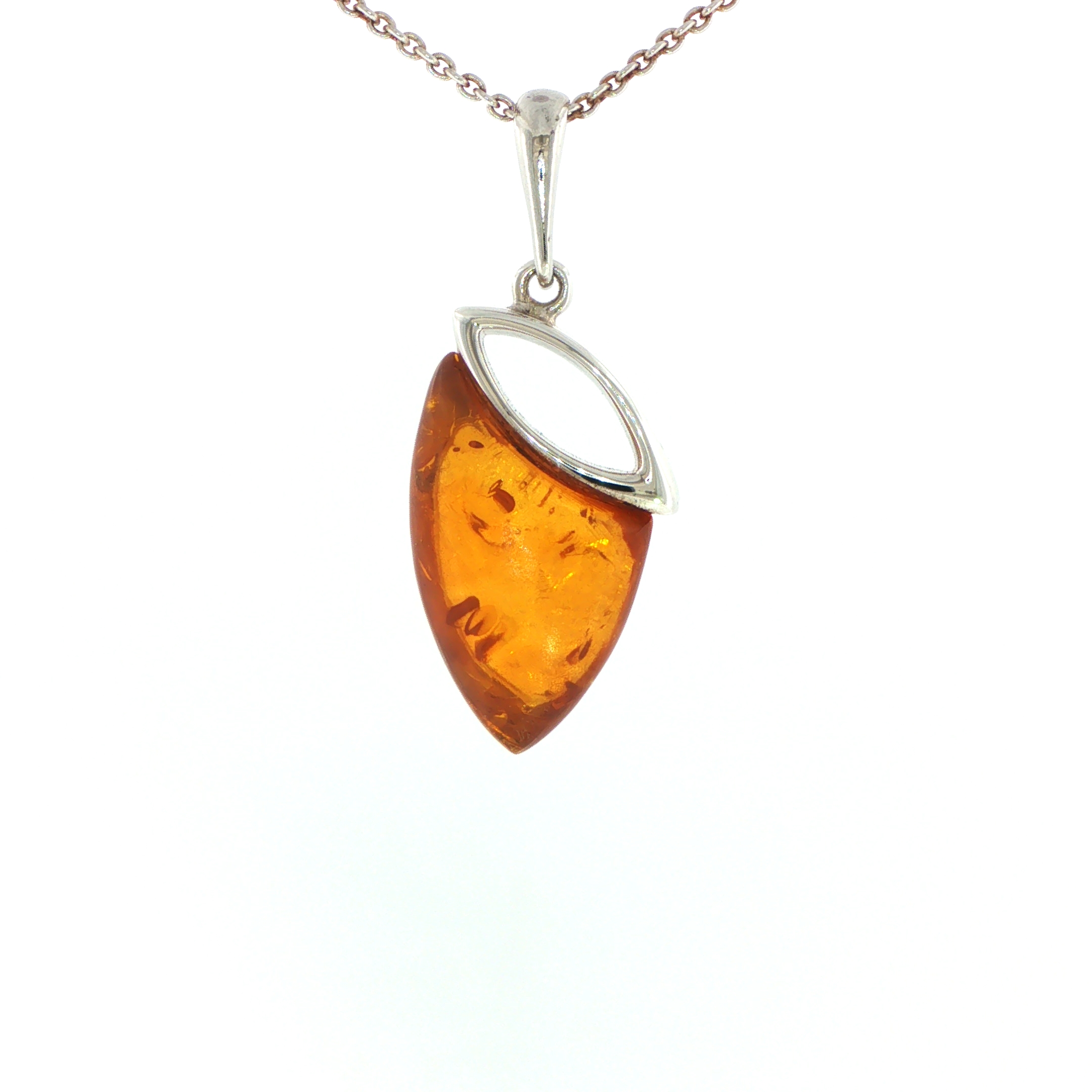 Contemporary Open Silver and Amber Pendant Necklace