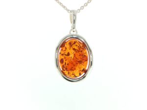 Oval Orange Amber Wave Pendant Necklace in Silver Medium
