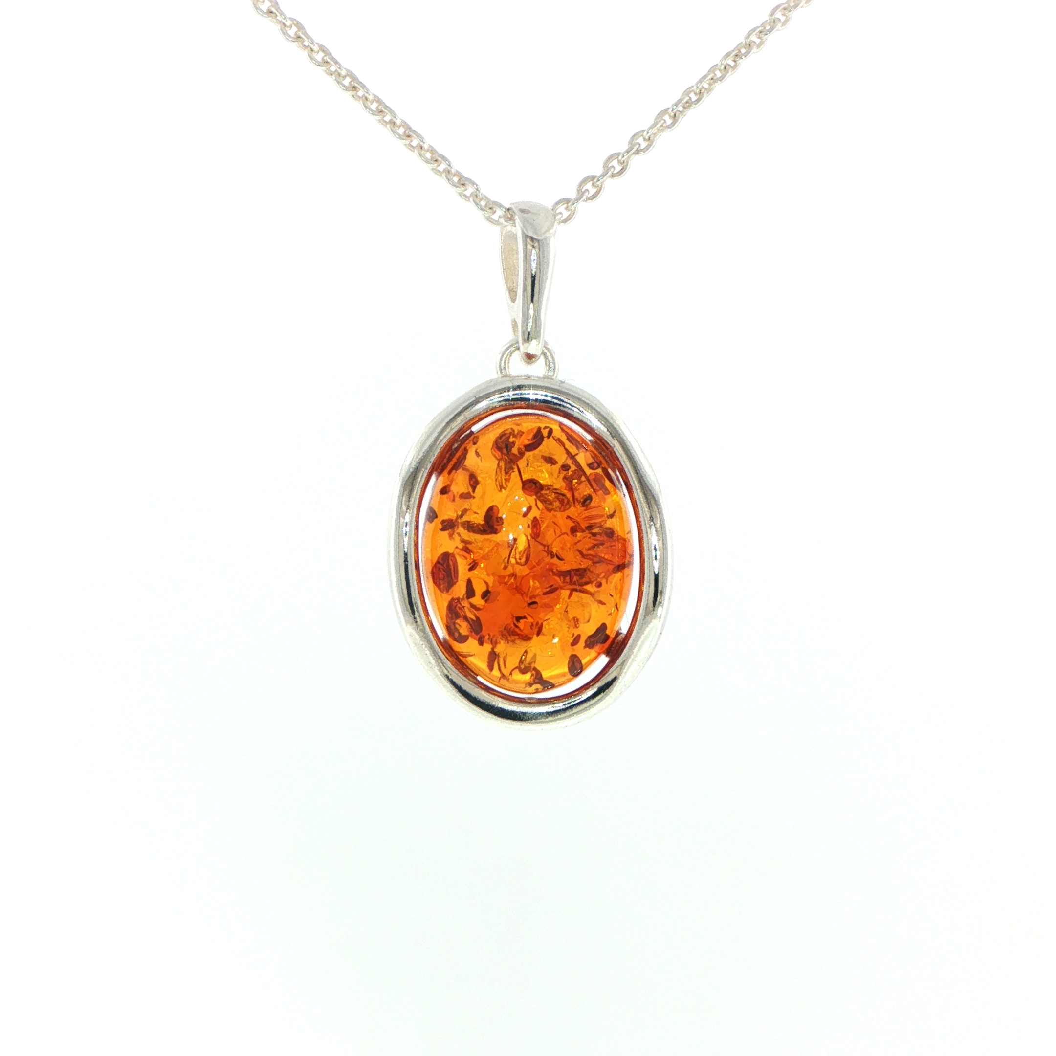 Oval Orange Amber Wave Pendant Necklace in Silver Medium