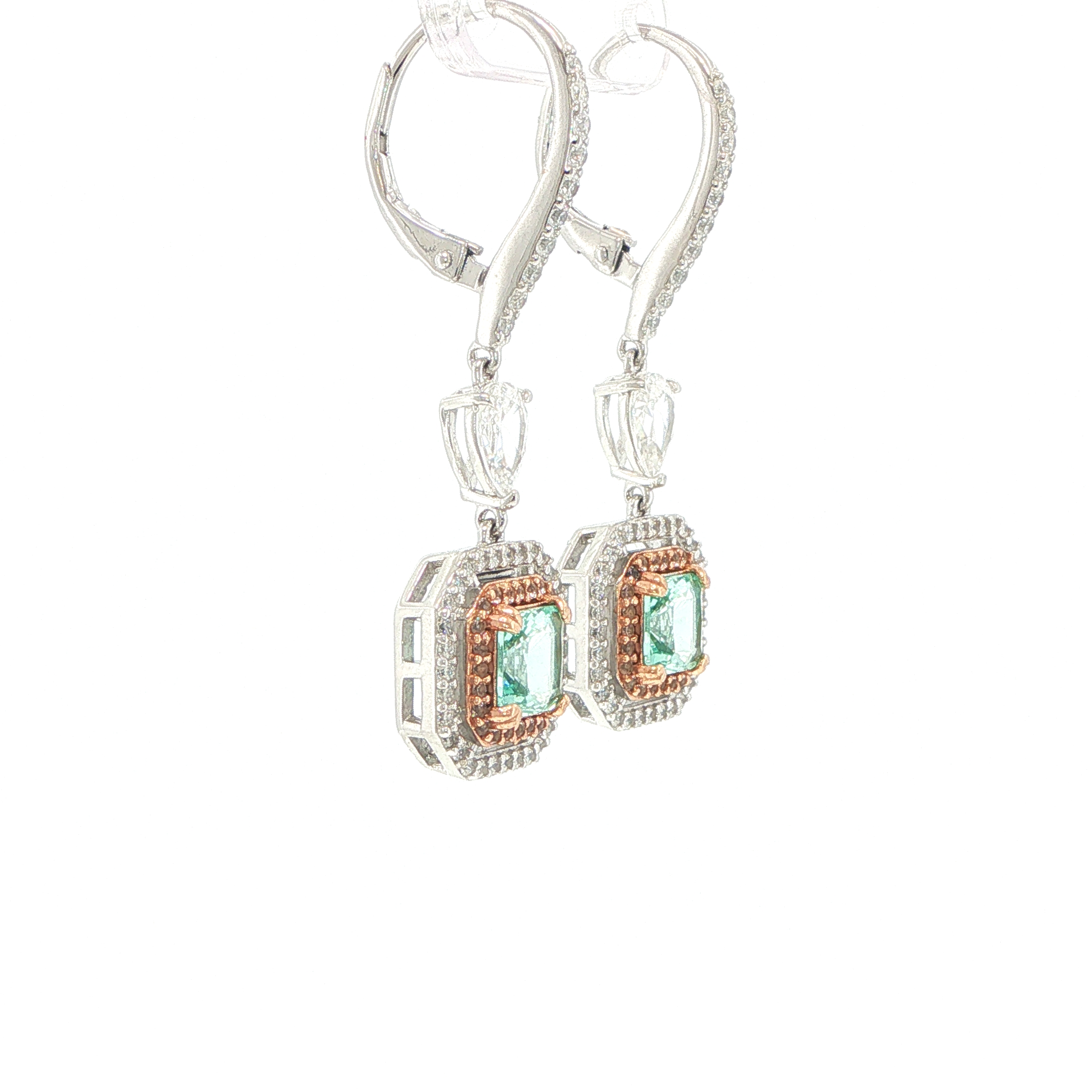 Double Halo with Square Stone Drop Earrings in Silver - Image 2
