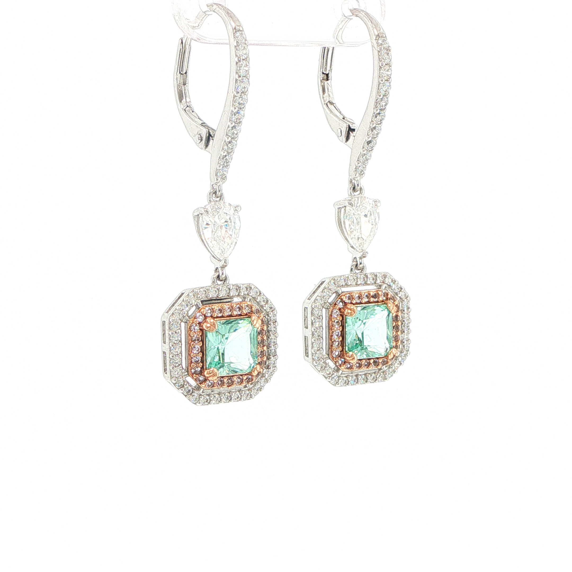 Double Halo with Square Stone Drop Earrings in Silver - Image 3
