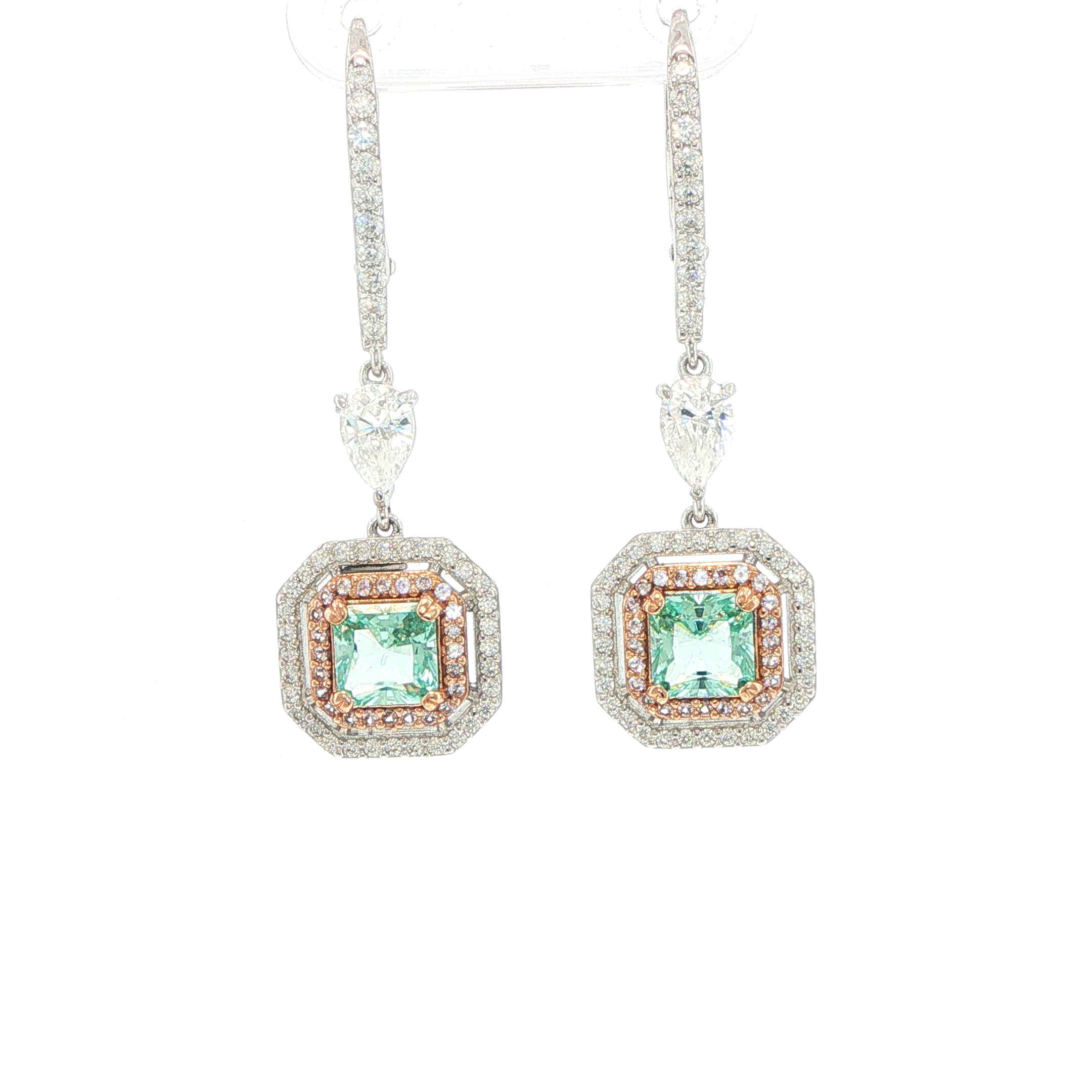 Double Halo with Square Stone Drop Earrings in Silver - Image 4