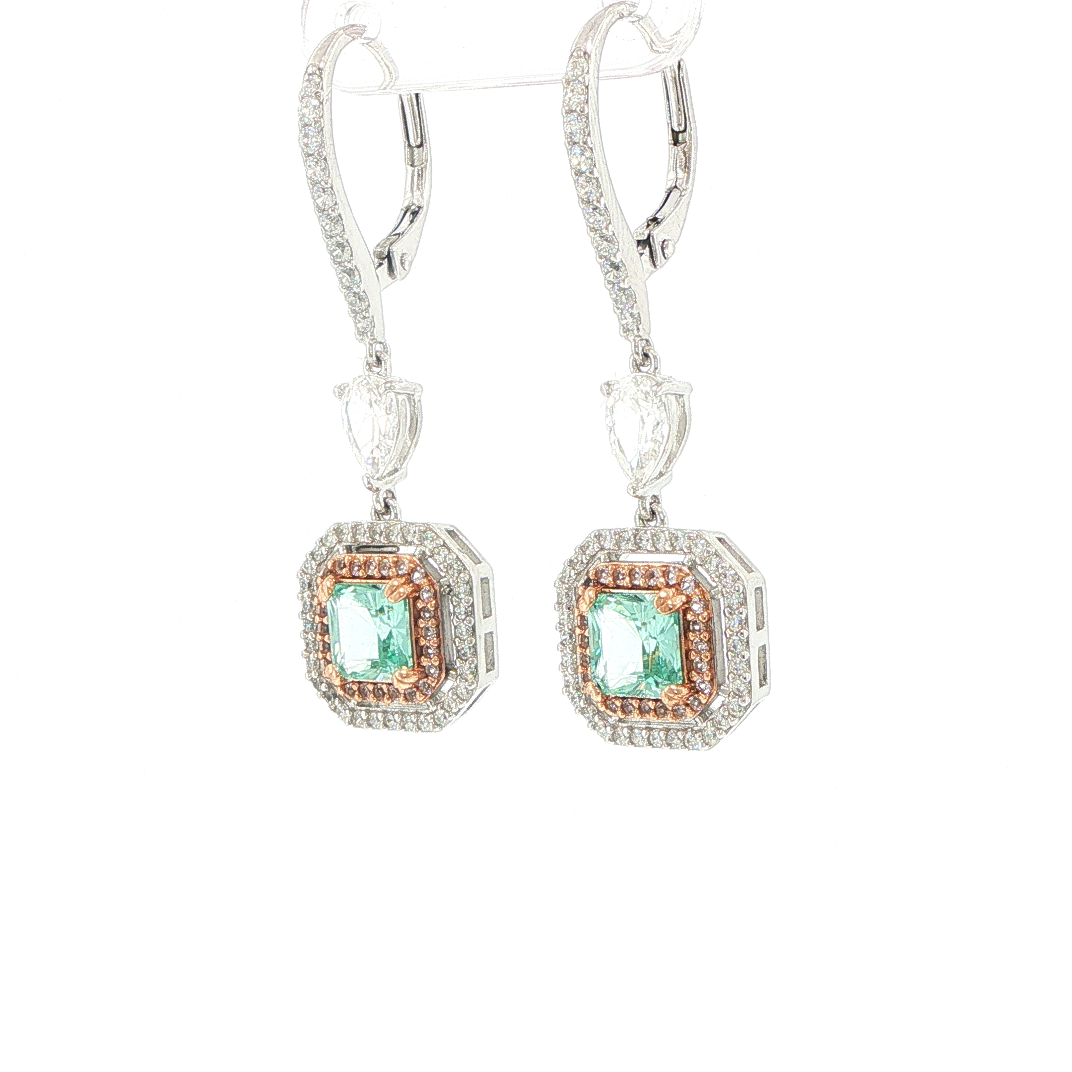Double Halo with Square Stone Drop Earrings in Silver - Image 5