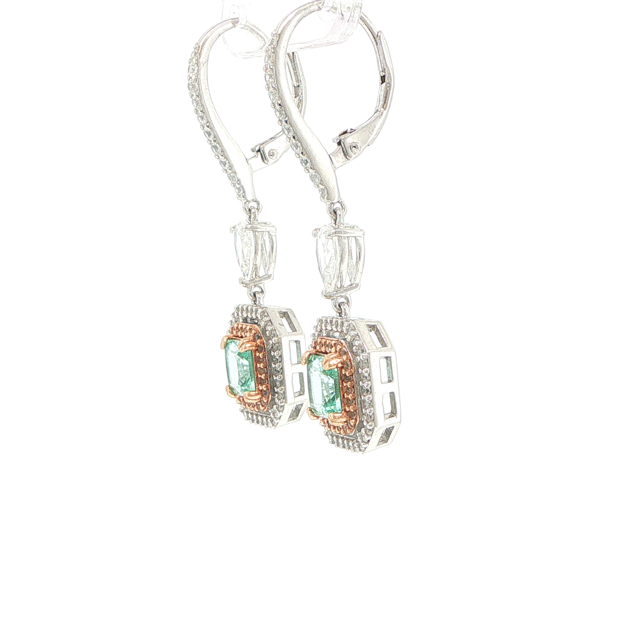 Double Halo with Square Stone Drop Earrings in Silver - Image 6