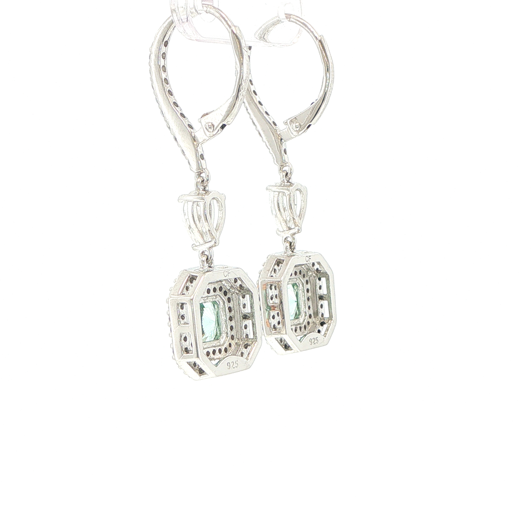 Double Halo with Square Stone Drop Earrings in Silver - Image 7