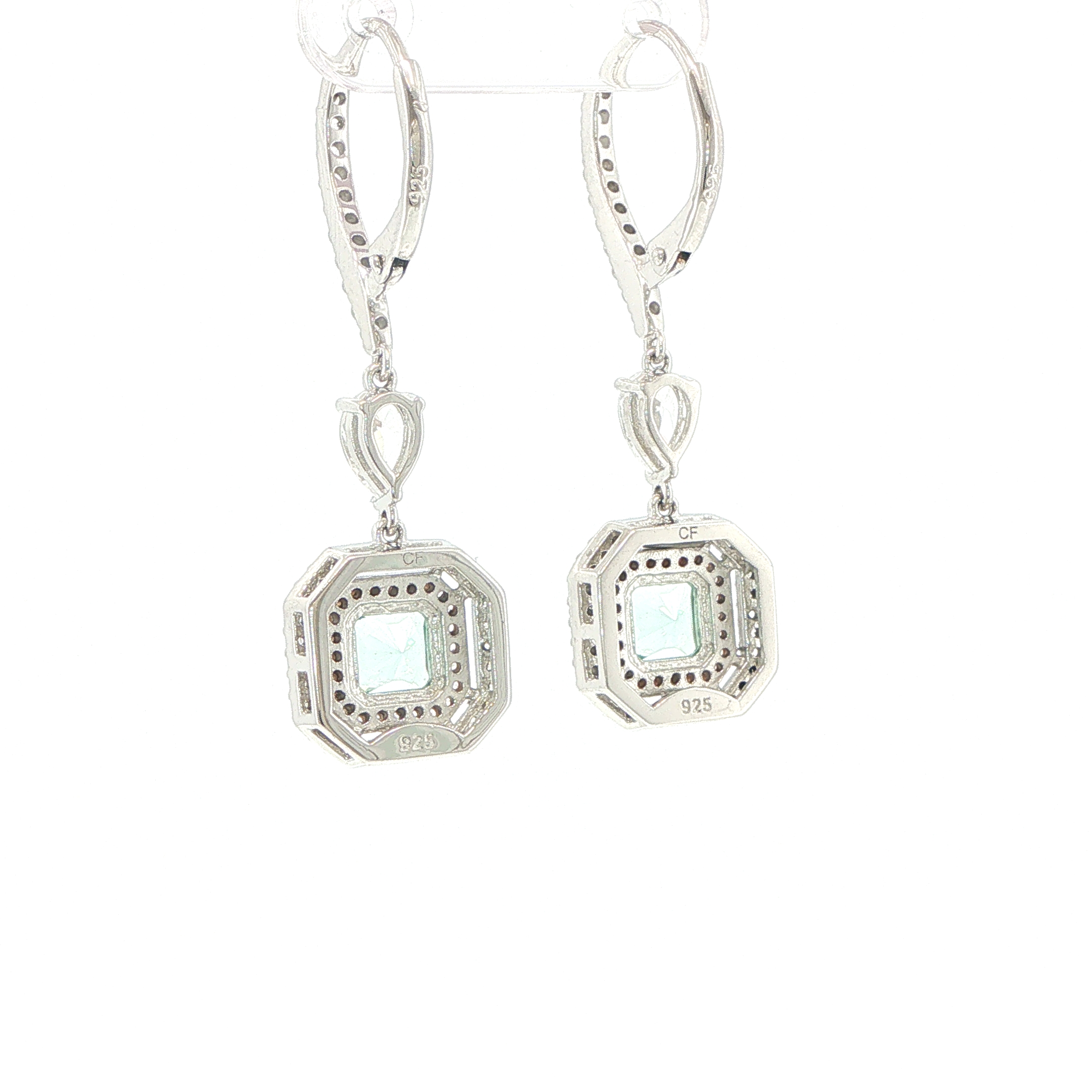 Double Halo with Square Stone Drop Earrings in Silver - Image 8