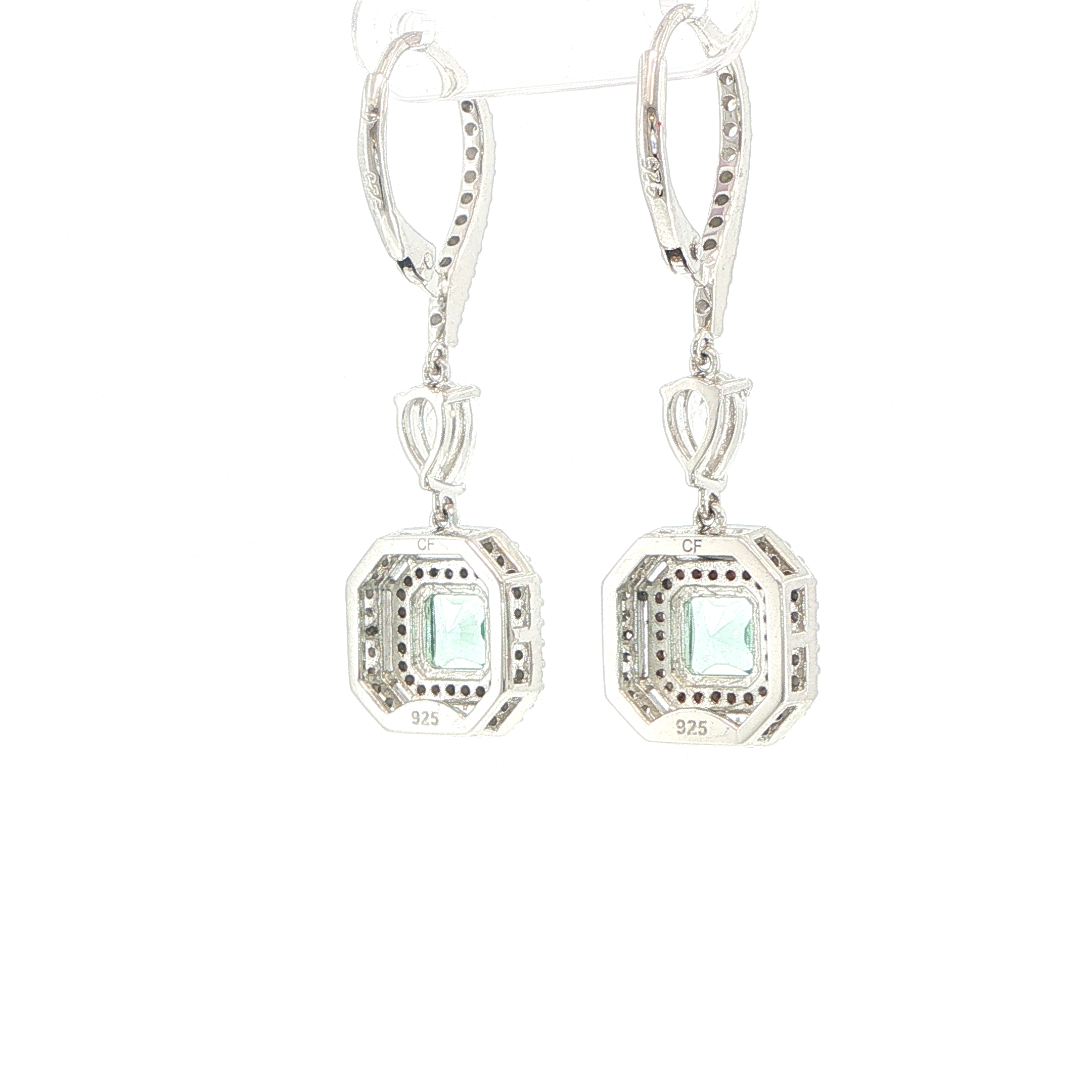 Double Halo with Square Stone Drop Earrings in Silver - Image 9