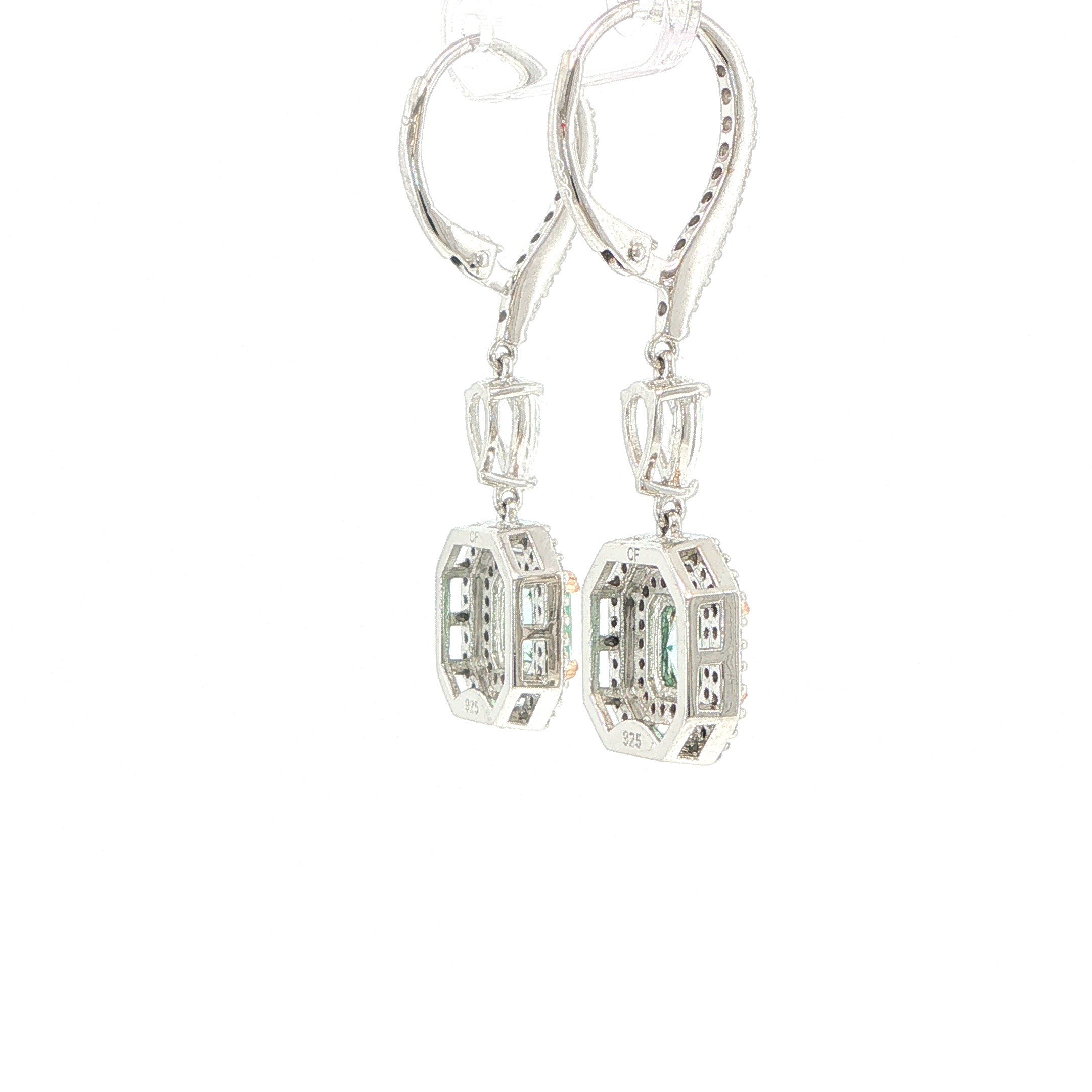 Double Halo with Square Stone Drop Earrings in Silver - Image 10