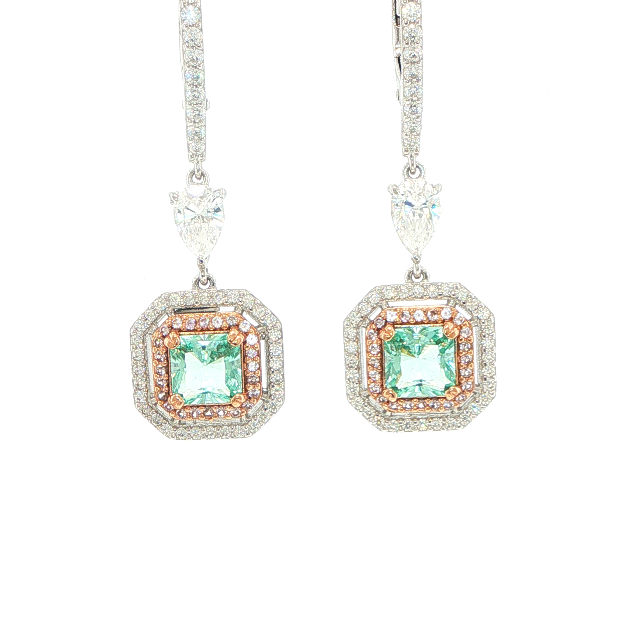 Double Halo with Square Stone Drop Earrings in Silver - Image 11