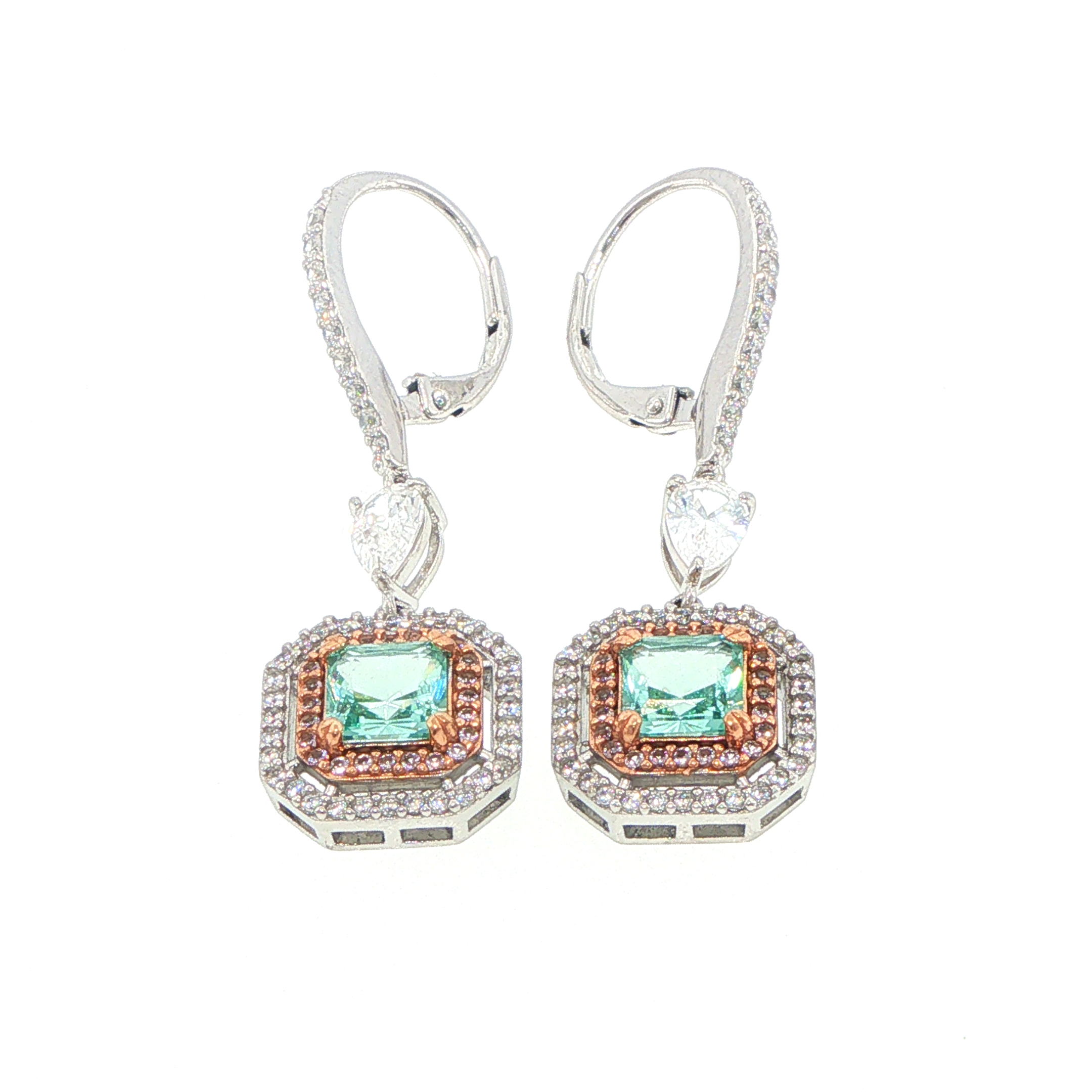 Double Halo with Square Stone Drop Earrings in Silver - Image 12