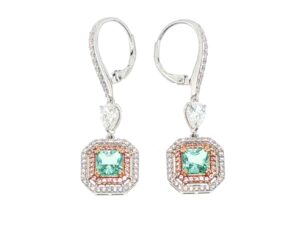 Double Halo with Square Stone Drop Earrings in Silver