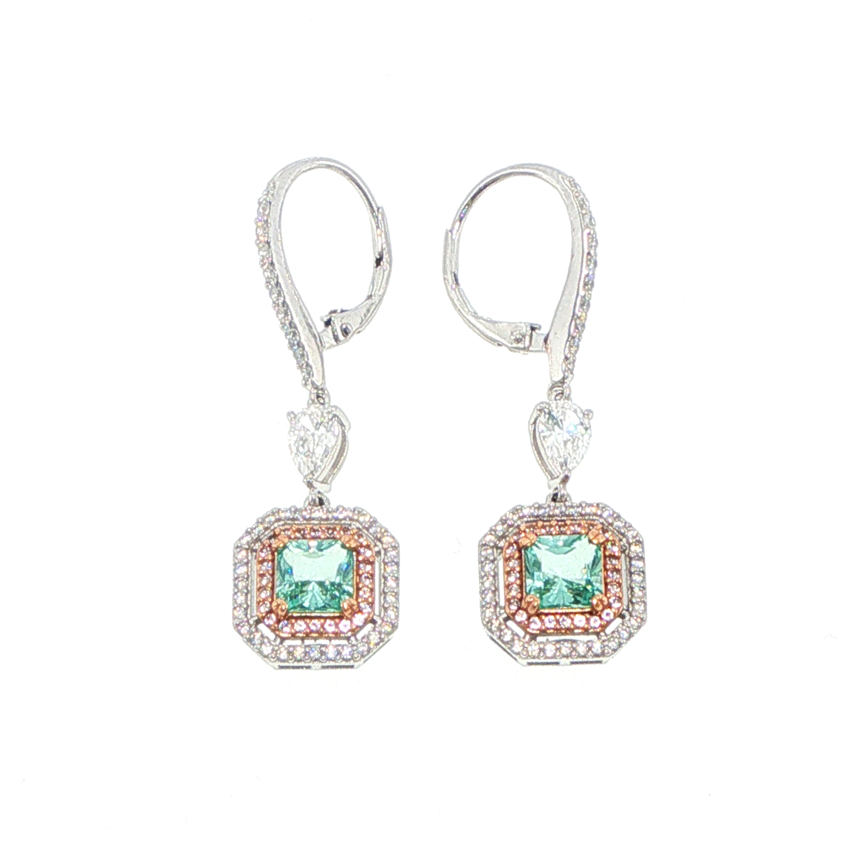 Double Halo with Square Stone Drop Earrings in Silver