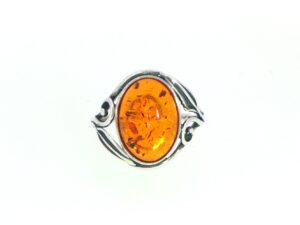 Silver Oval Amber Solitaire Ring with Decorative Band