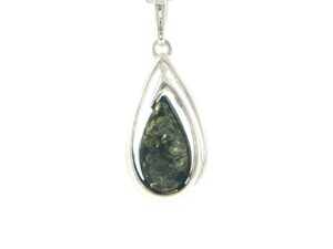 Green Amber Teardrop Pendant Necklace in Silver