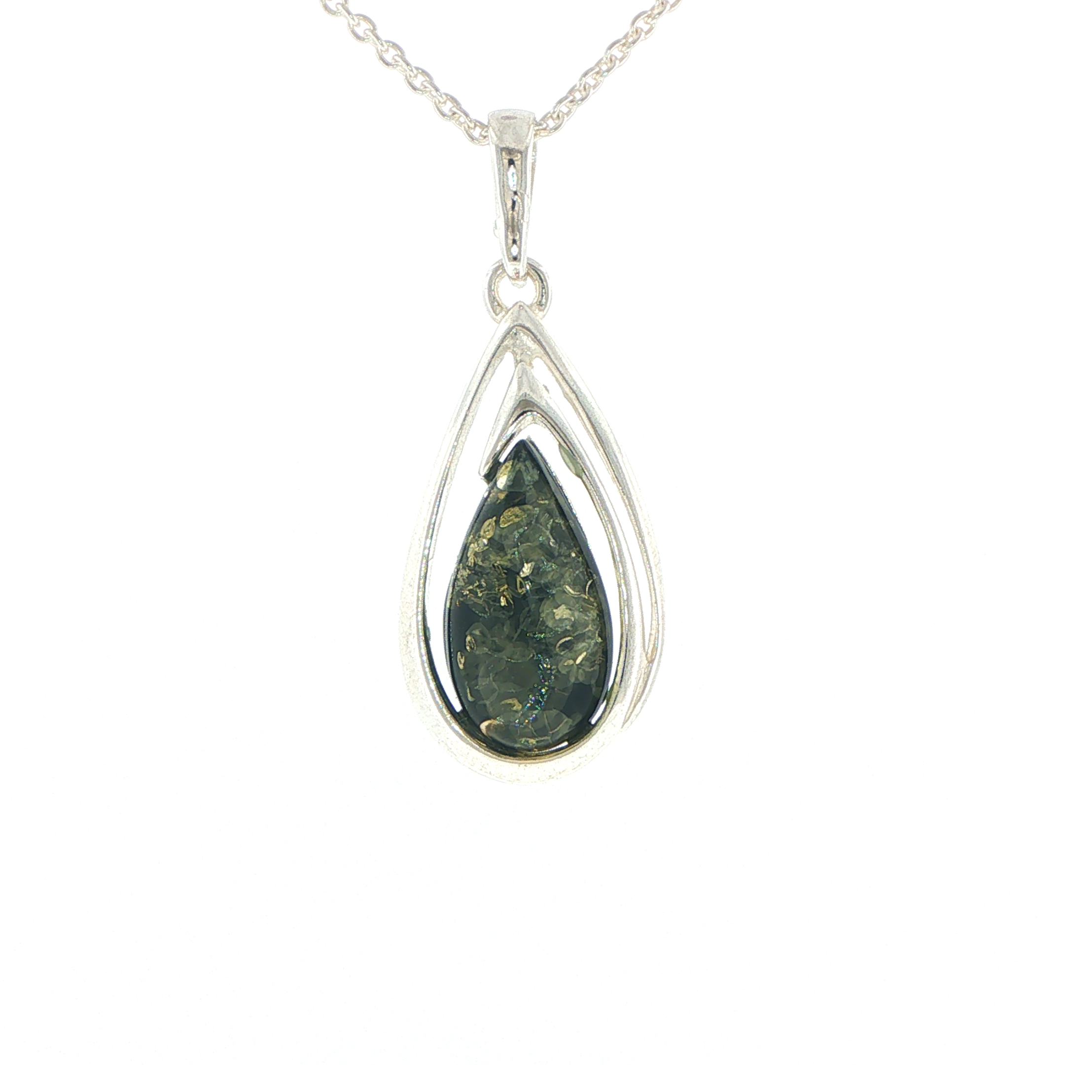Green Amber Teardrop Pendant Necklace in Silver