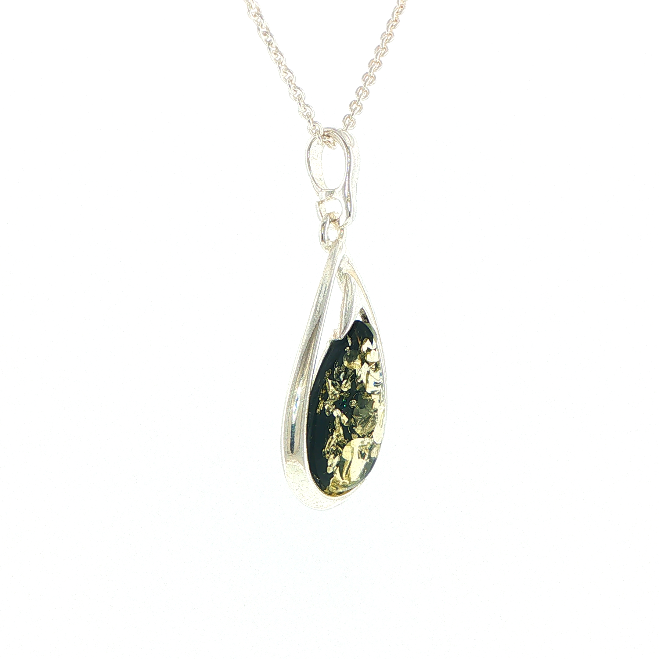 Green Amber Teardrop Pendant Necklace in Silver - Image 2