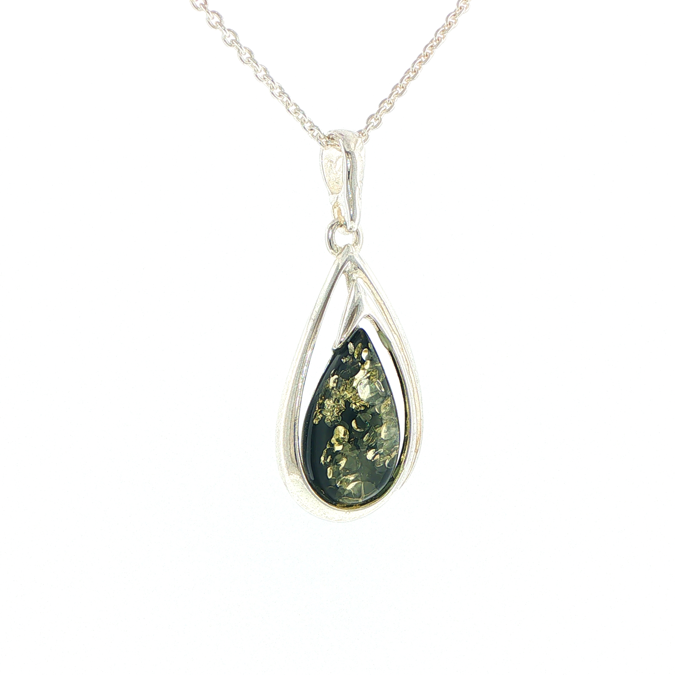 Green Amber Teardrop Pendant Necklace in Silver - Image 3