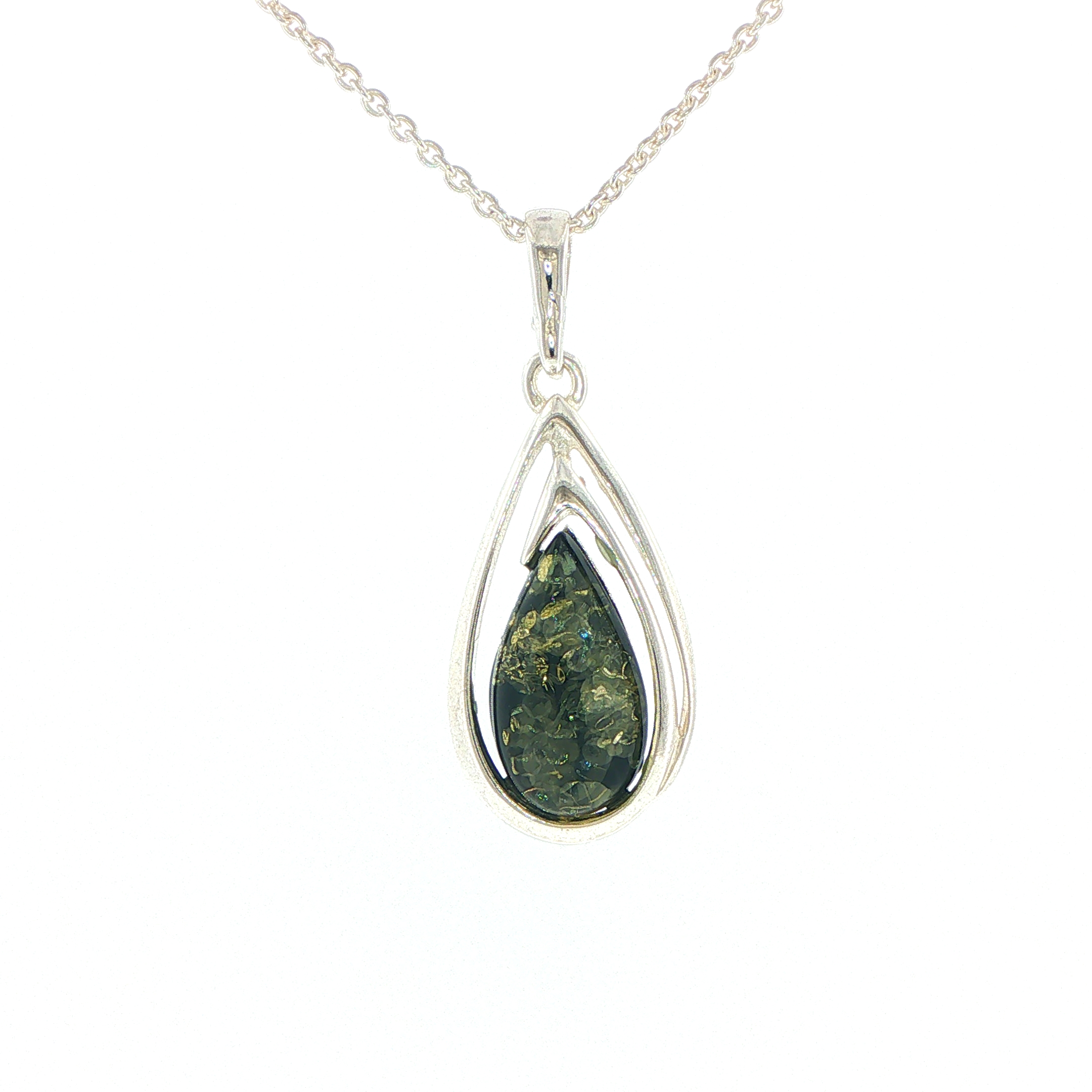 Green Amber Teardrop Pendant Necklace in Silver - Image 4