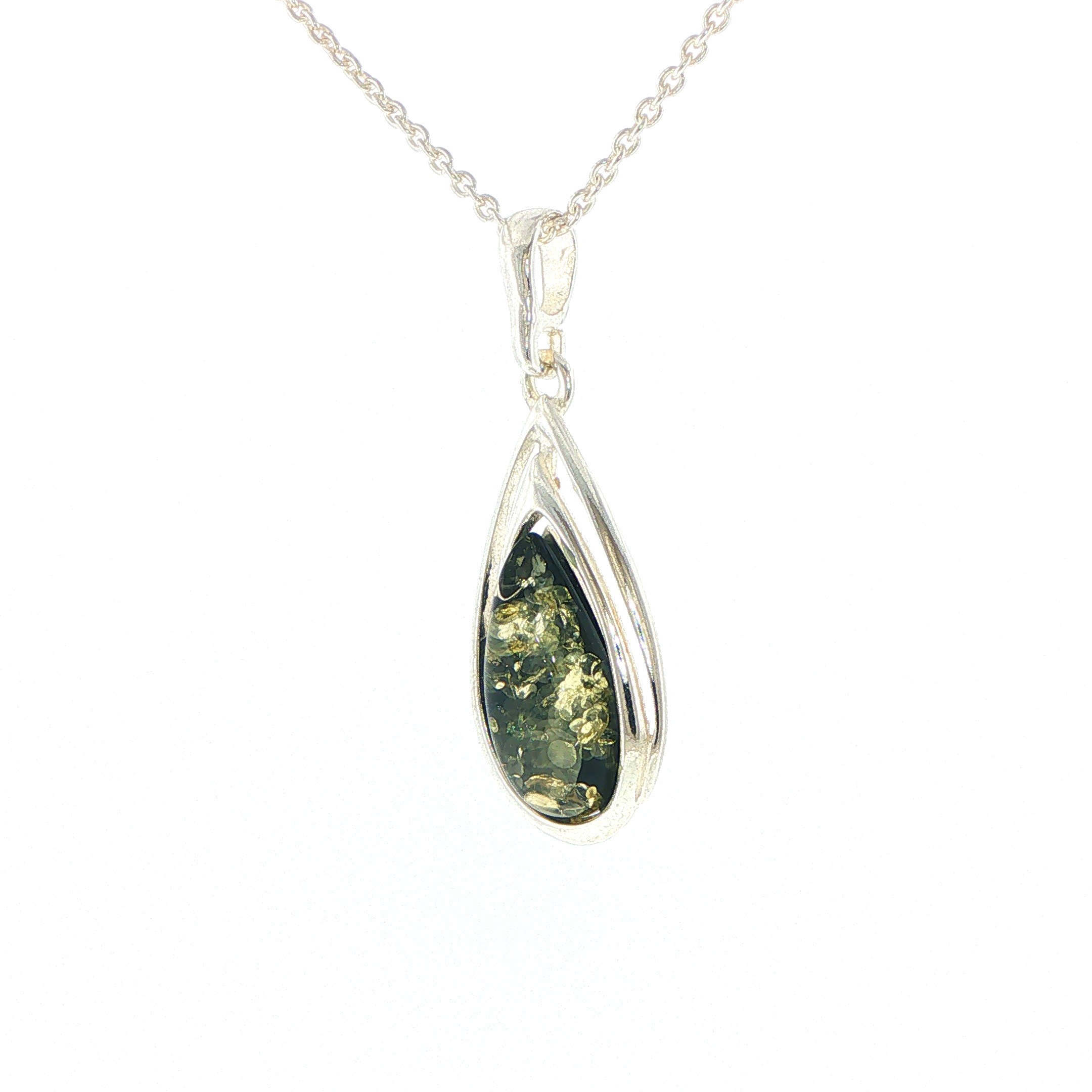 Green Amber Teardrop Pendant Necklace in Silver - Image 5