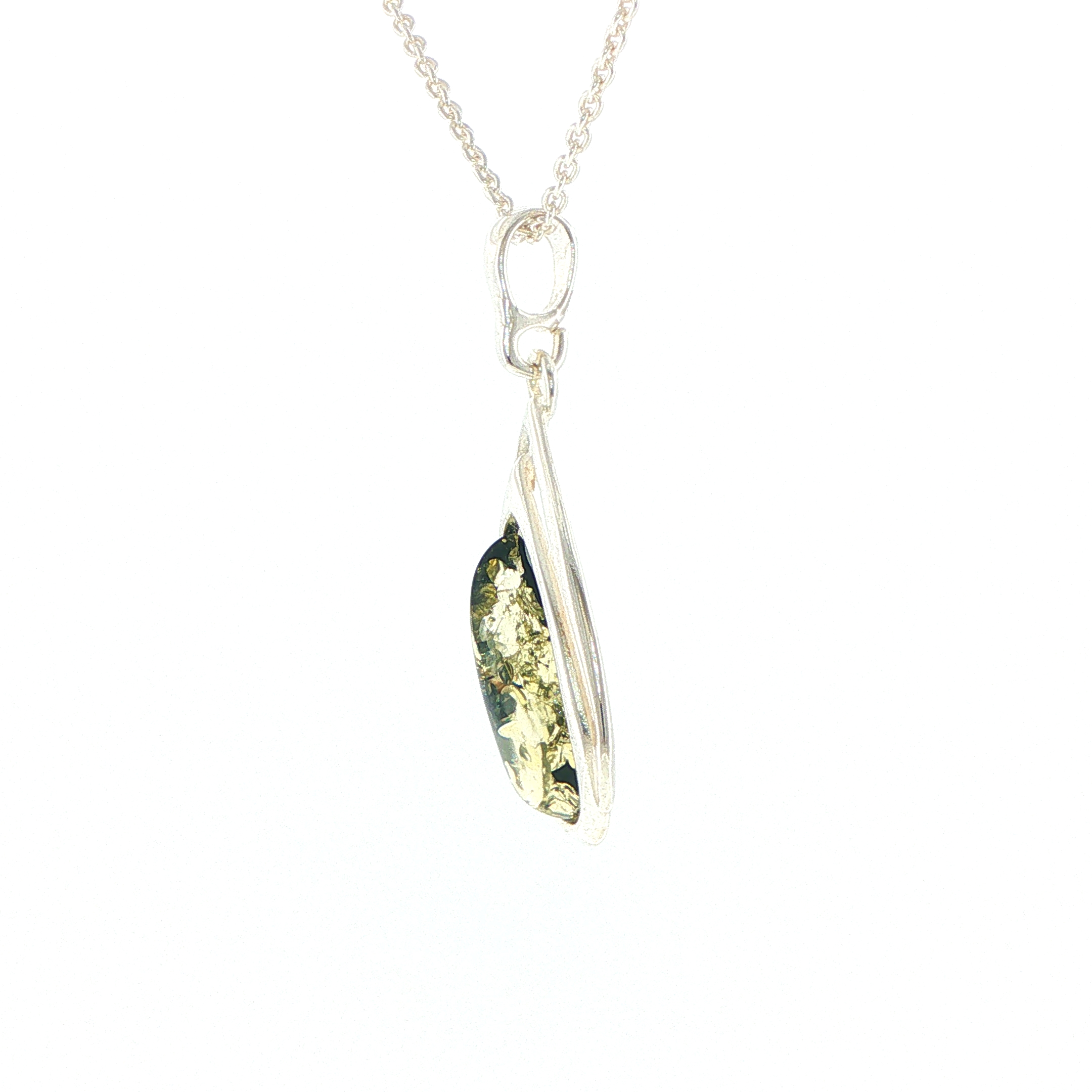 Green Amber Teardrop Pendant Necklace in Silver - Image 6