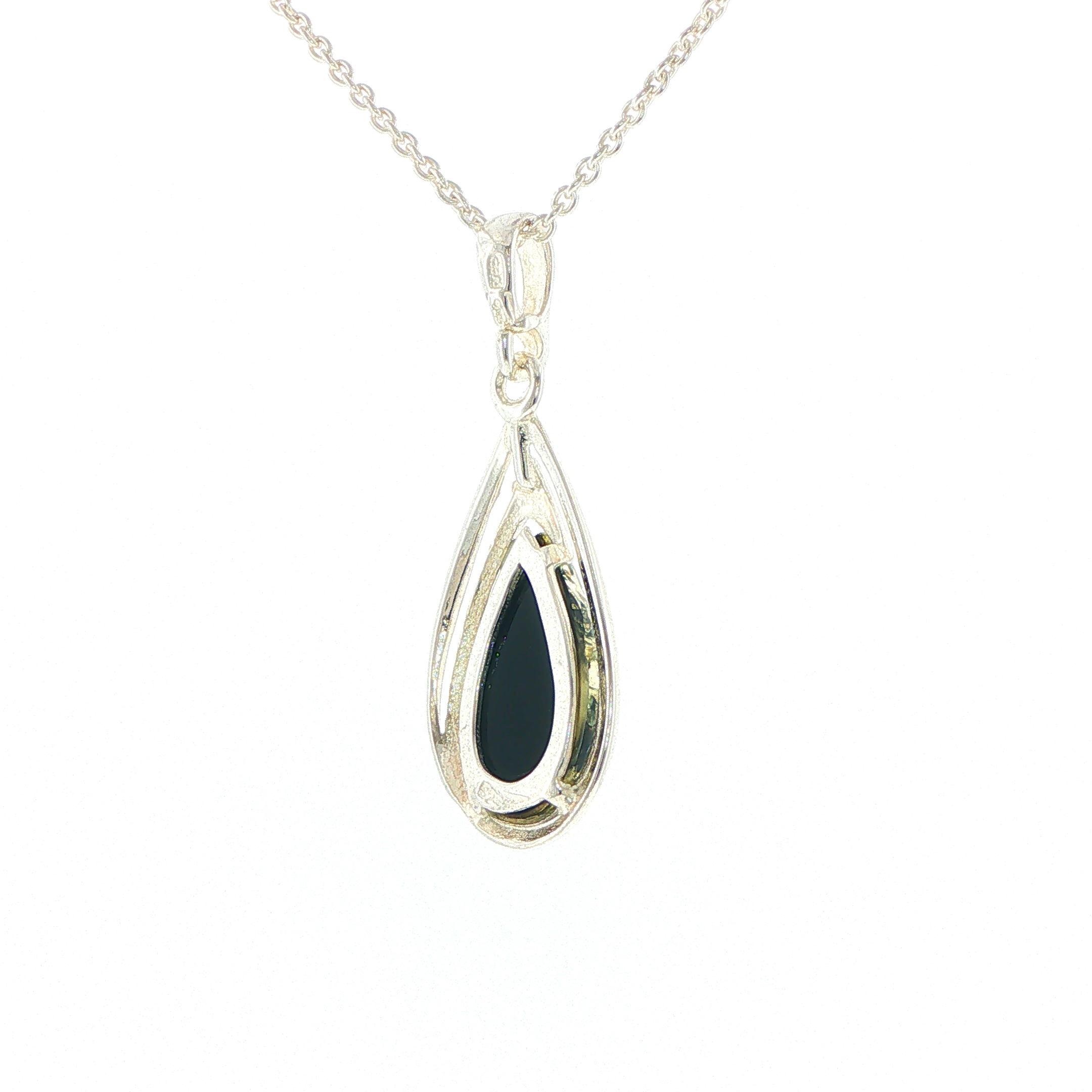 Green Amber Teardrop Pendant Necklace in Silver - Image 9