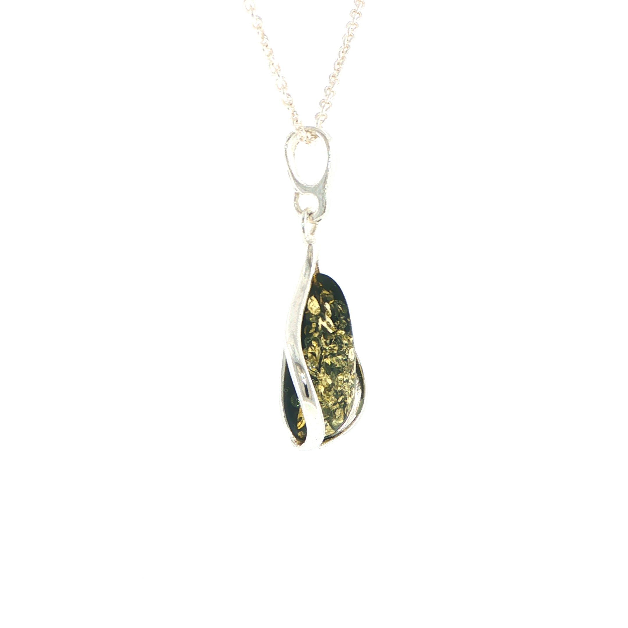 Teardrop Green Amber Cabochon Pendant Necklace in Silver - Image 2