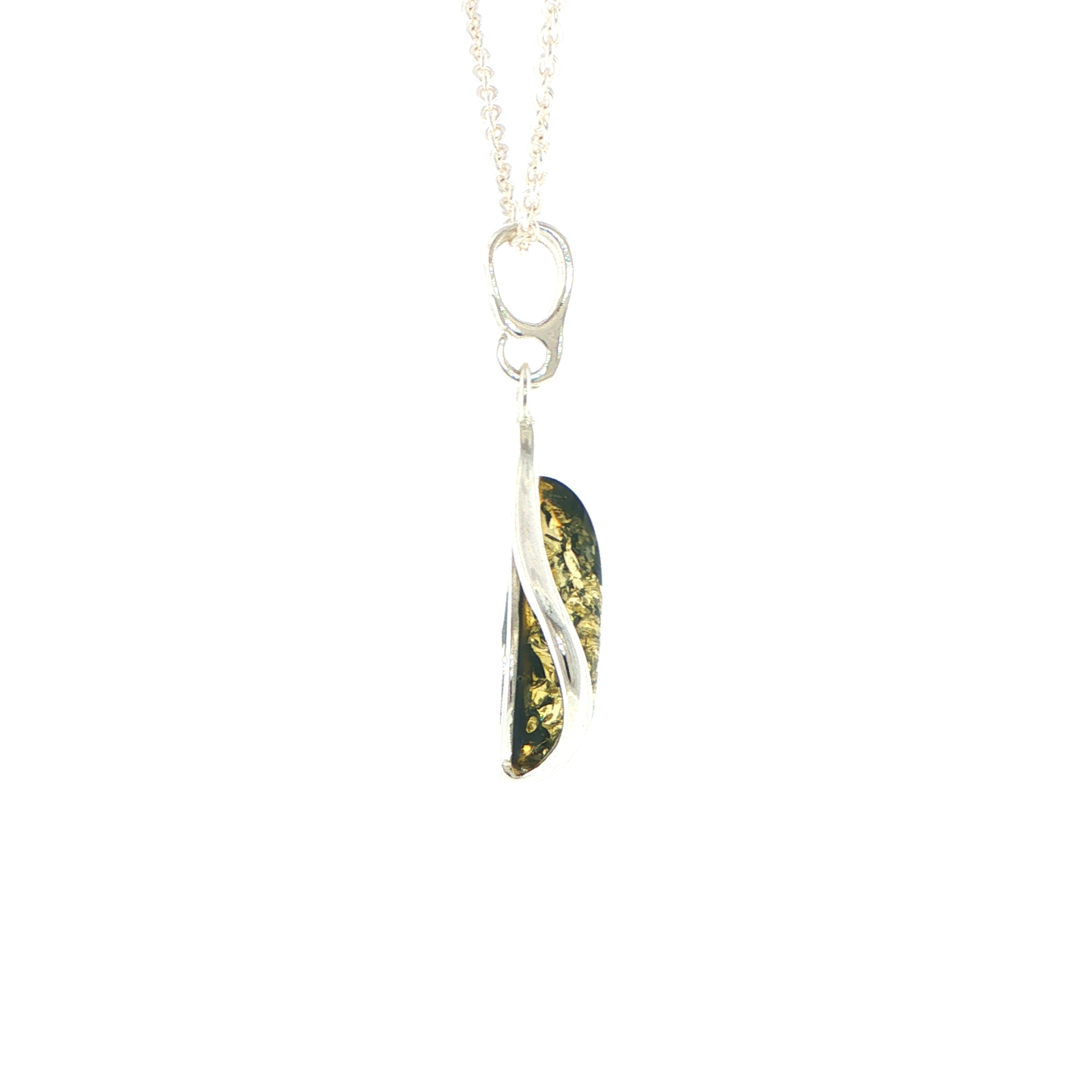 Teardrop Green Amber Cabochon Pendant Necklace in Silver - Image 11