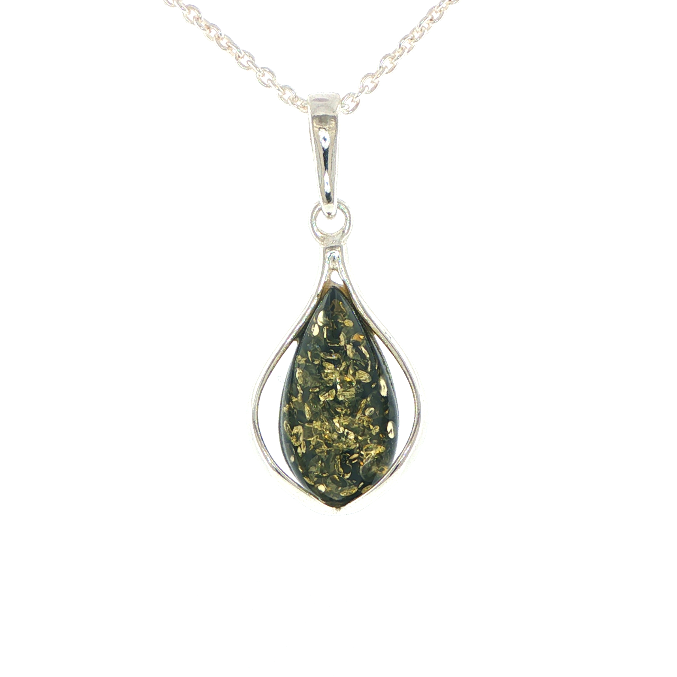 Teardrop Green Amber Cabochon Pendant Necklace in Silver