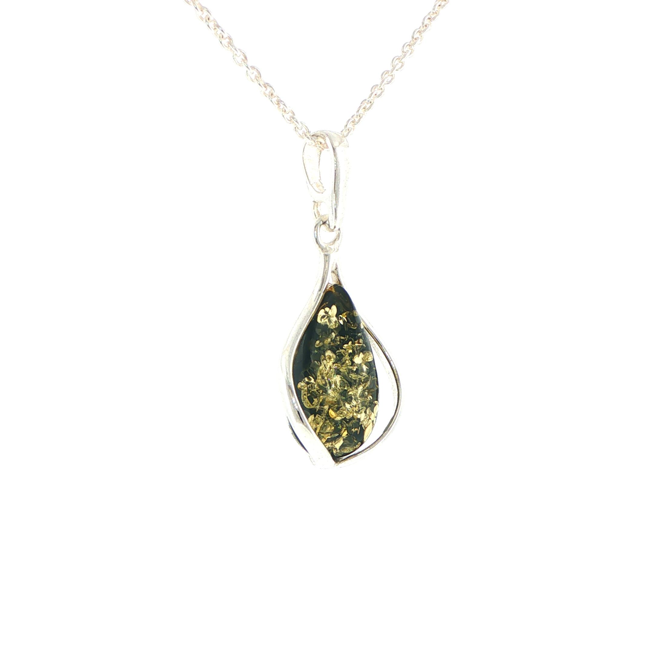 Teardrop Green Amber Cabochon Pendant Necklace in Silver - Image 3