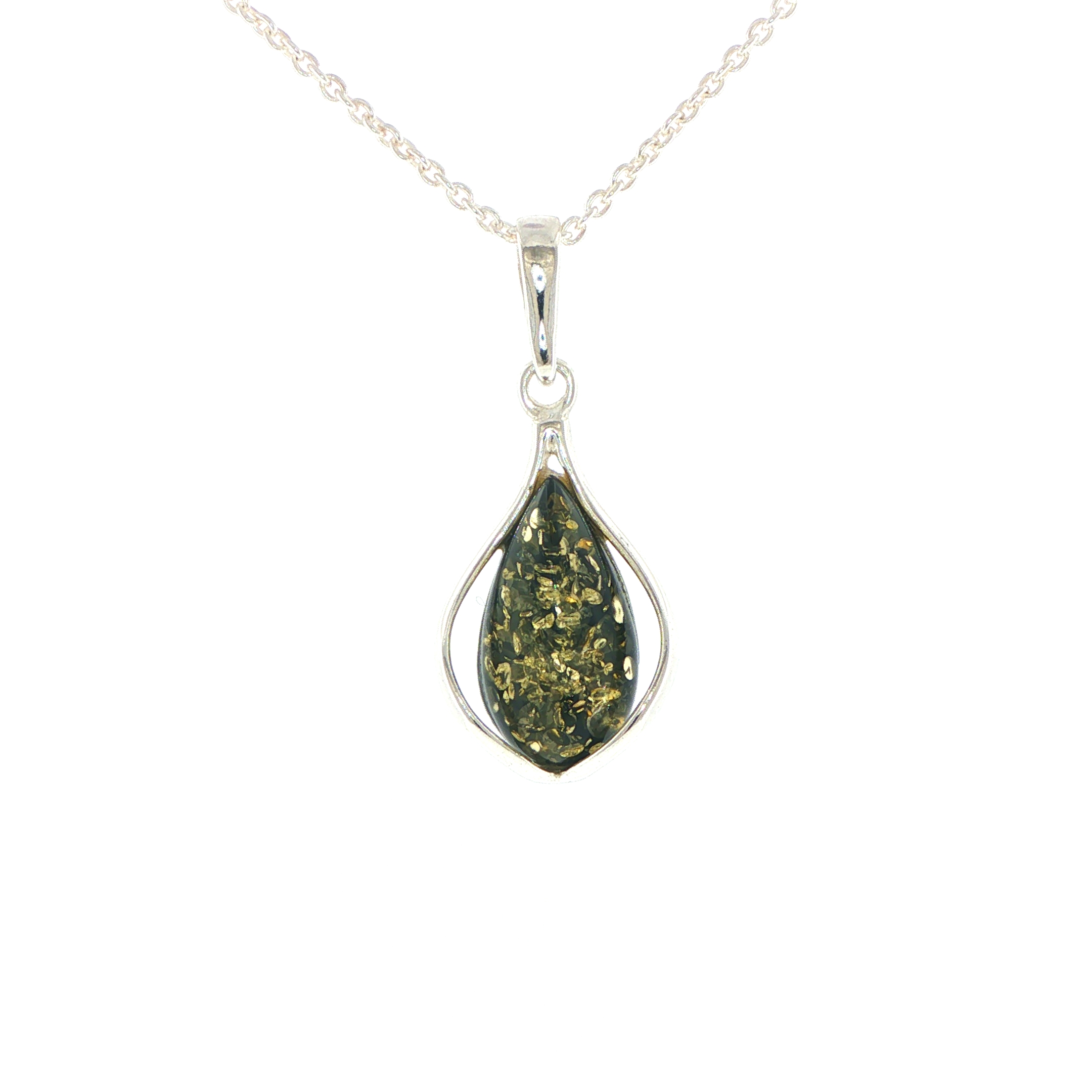 Teardrop Green Amber Cabochon Pendant Necklace in Silver - Image 4