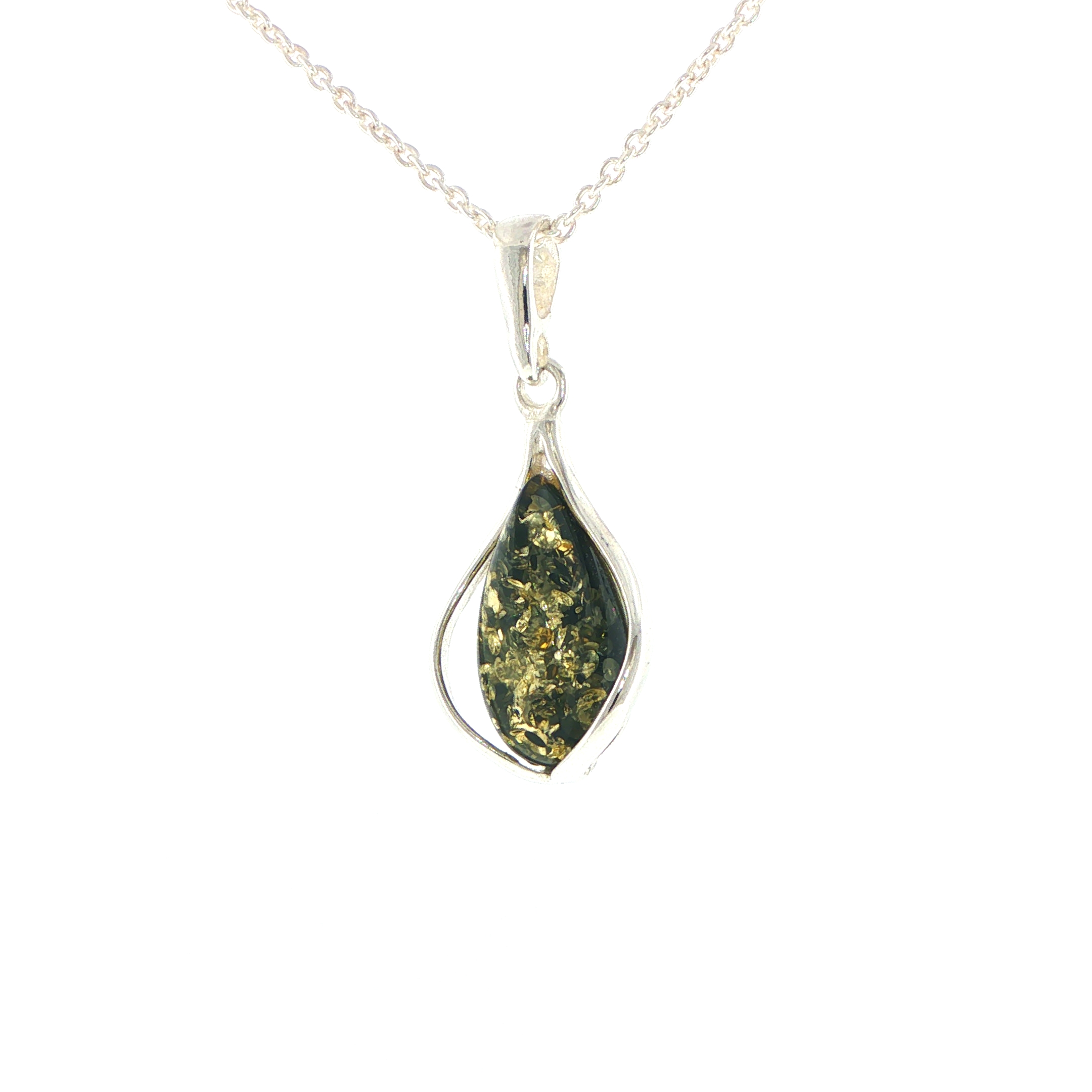 Teardrop Green Amber Cabochon Pendant Necklace in Silver - Image 5
