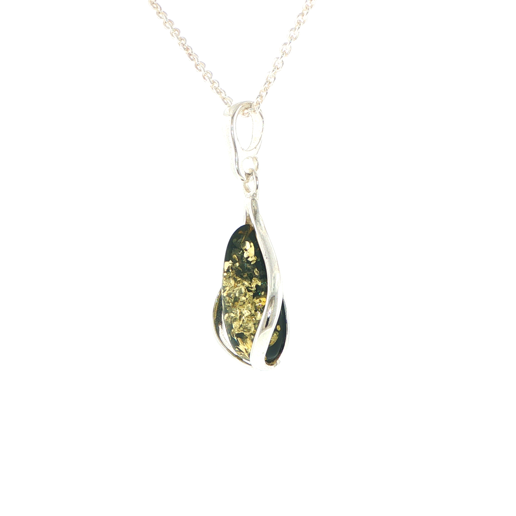 Teardrop Green Amber Cabochon Pendant Necklace in Silver - Image 6