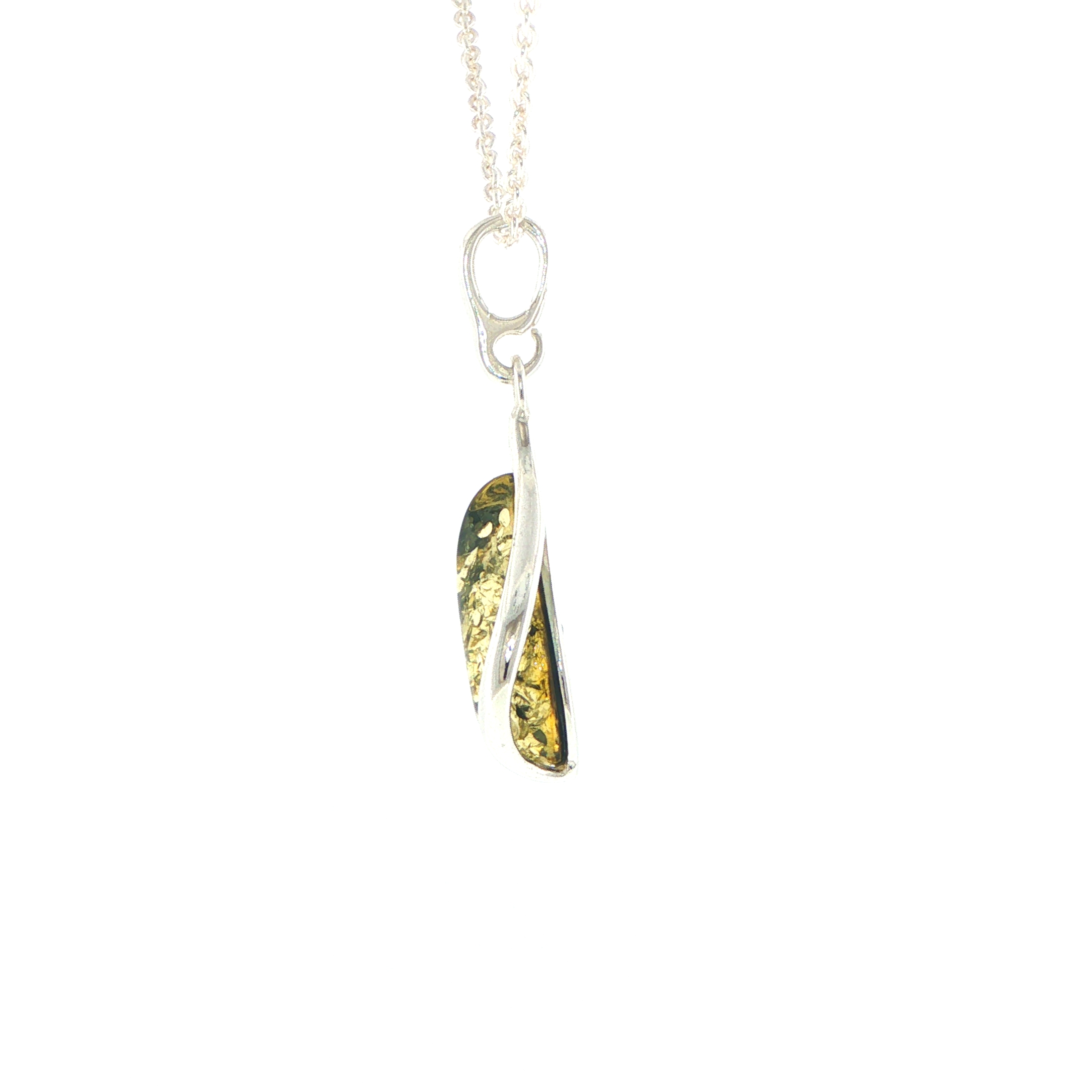 Teardrop Green Amber Cabochon Pendant Necklace in Silver - Image 7