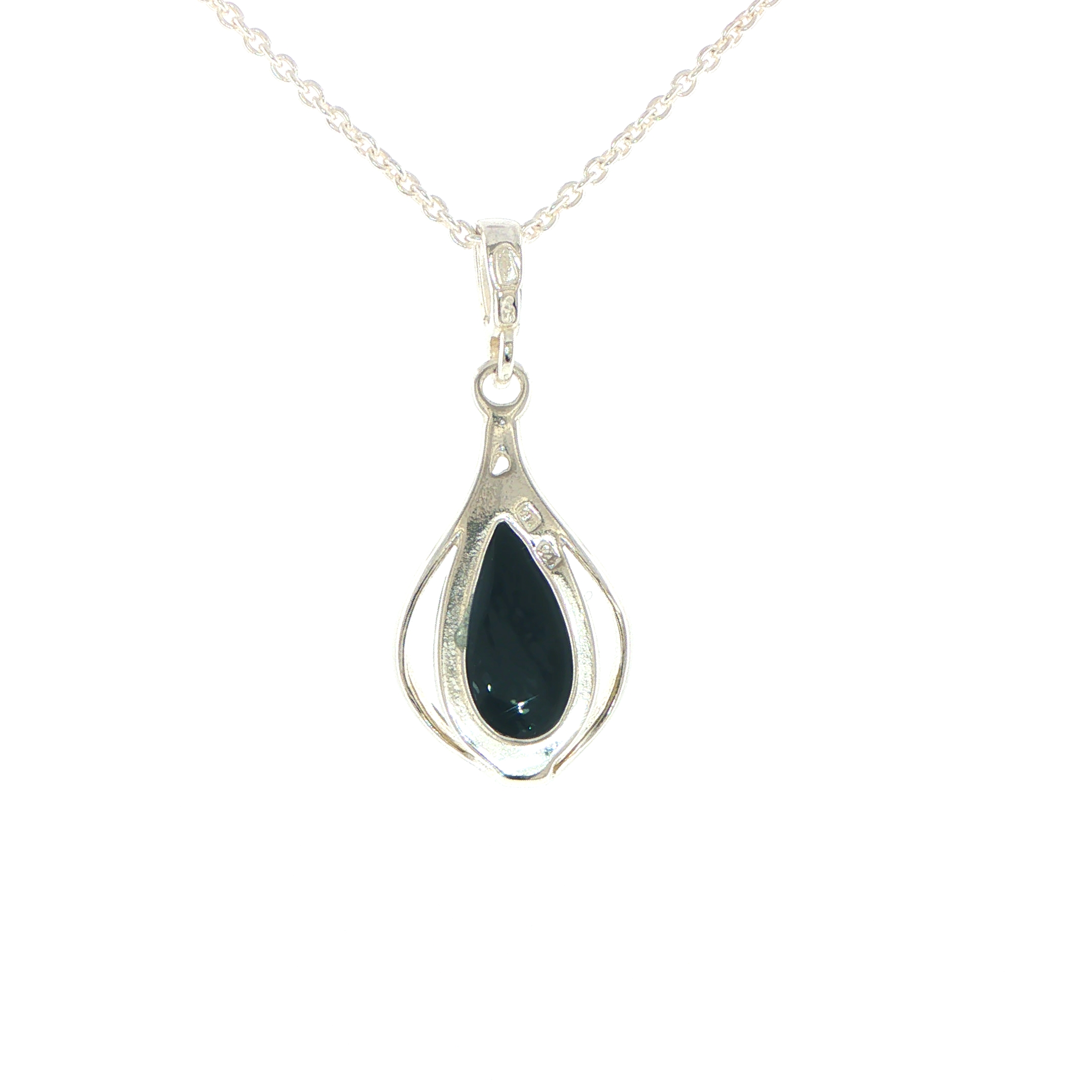 Teardrop Green Amber Cabochon Pendant Necklace in Silver - Image 9
