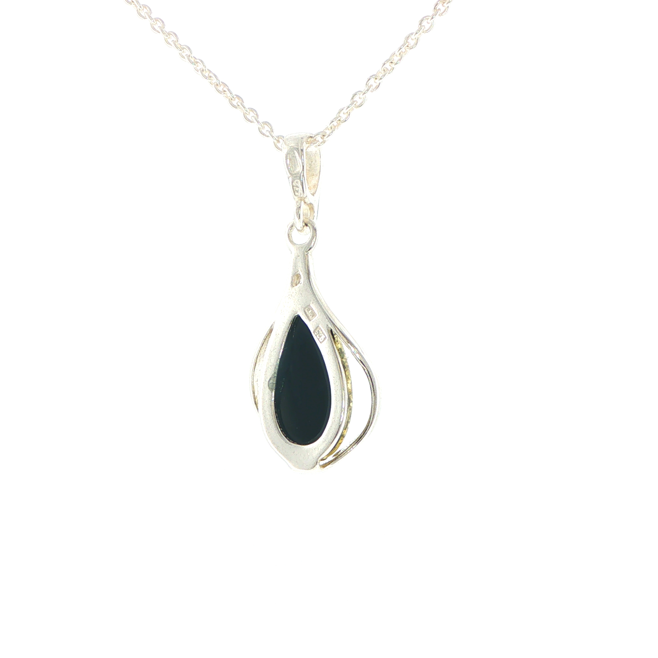 Teardrop Green Amber Cabochon Pendant Necklace in Silver - Image 10