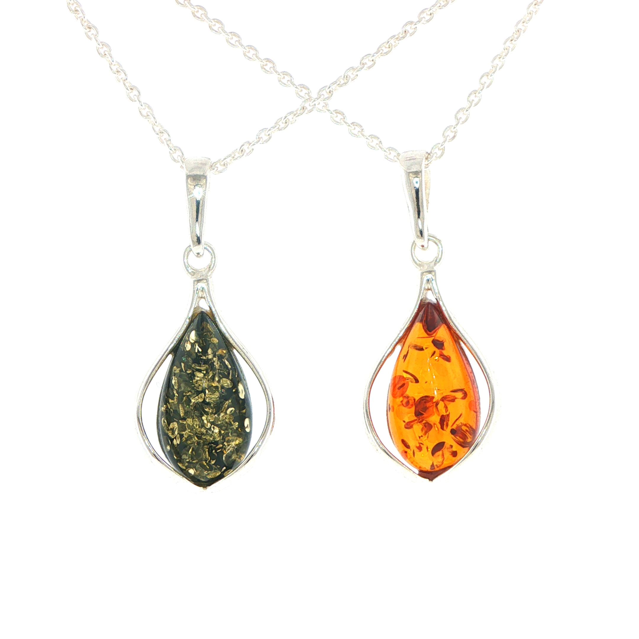 Teardrop Green Amber Cabochon Pendant Necklace in Silver - Image 12